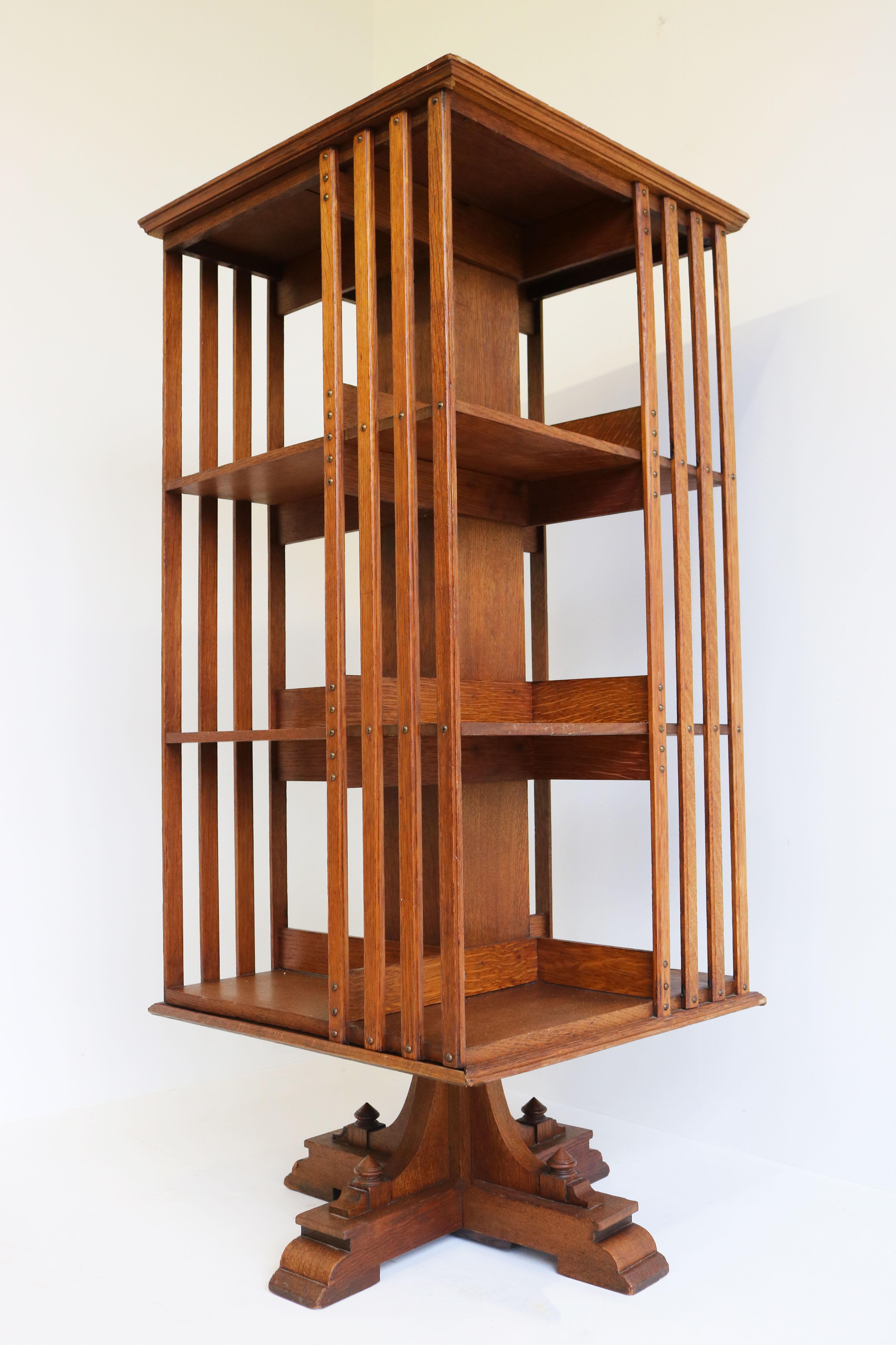 Hand-Crafted Rare Large Antique French Art Deco Revolving Bookcase Oak Study Library Office For Sale