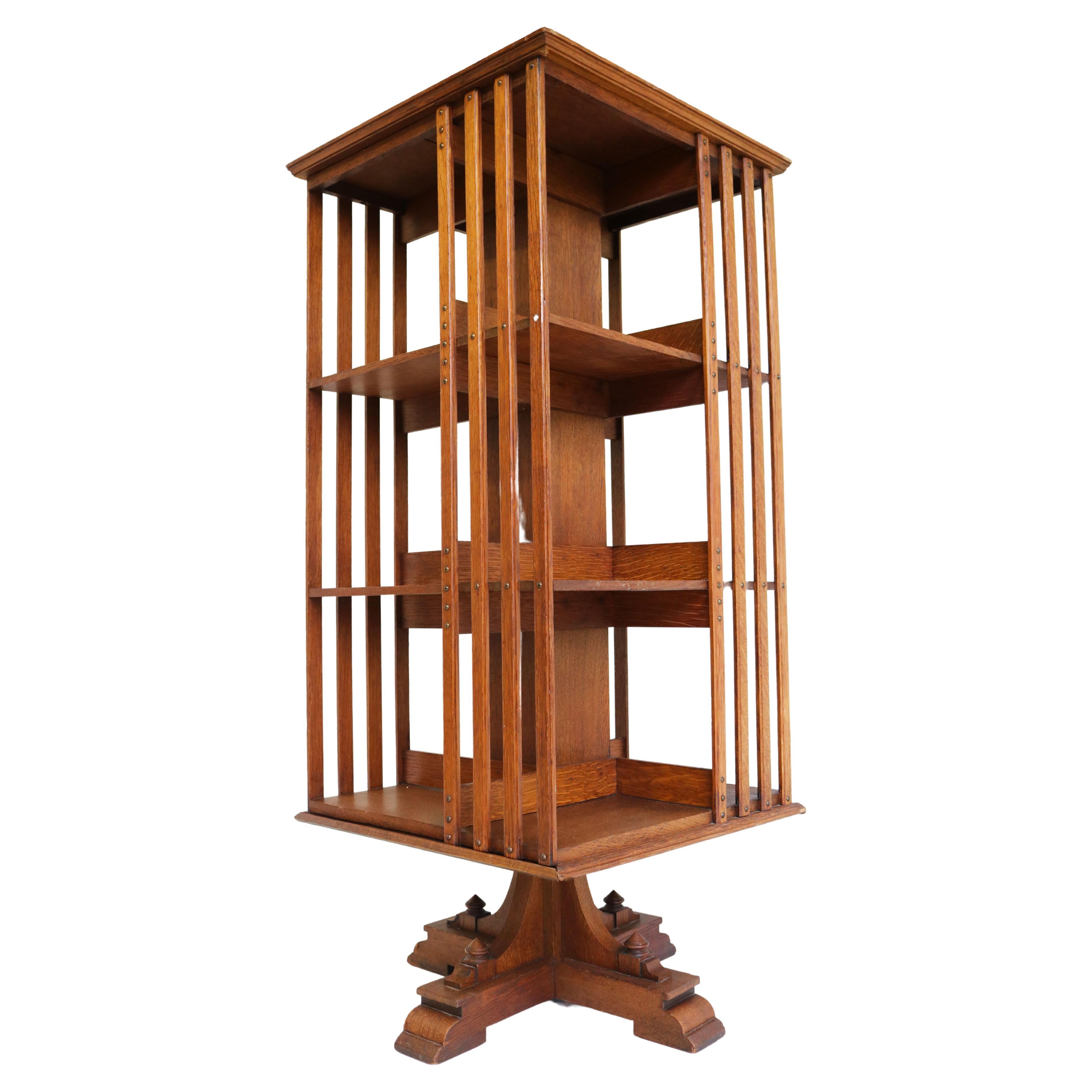 Raro Grande Antiguo Art Deco Francés Librería Giratoria Roble Estudio Biblioteca Oficina
