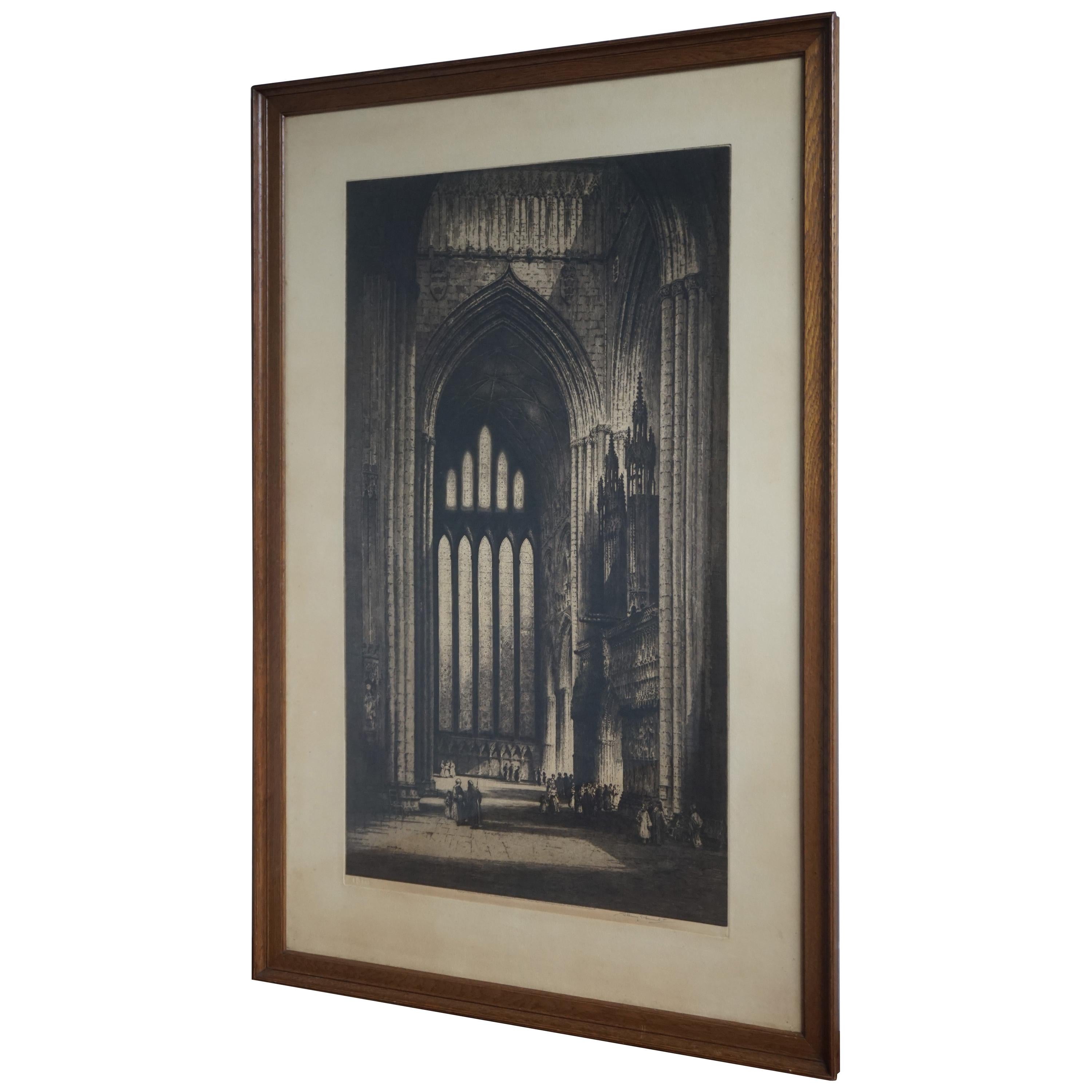 Rare & Large Antique Gothic Cathedral / Church Etching Signed Albany Edmond 1915