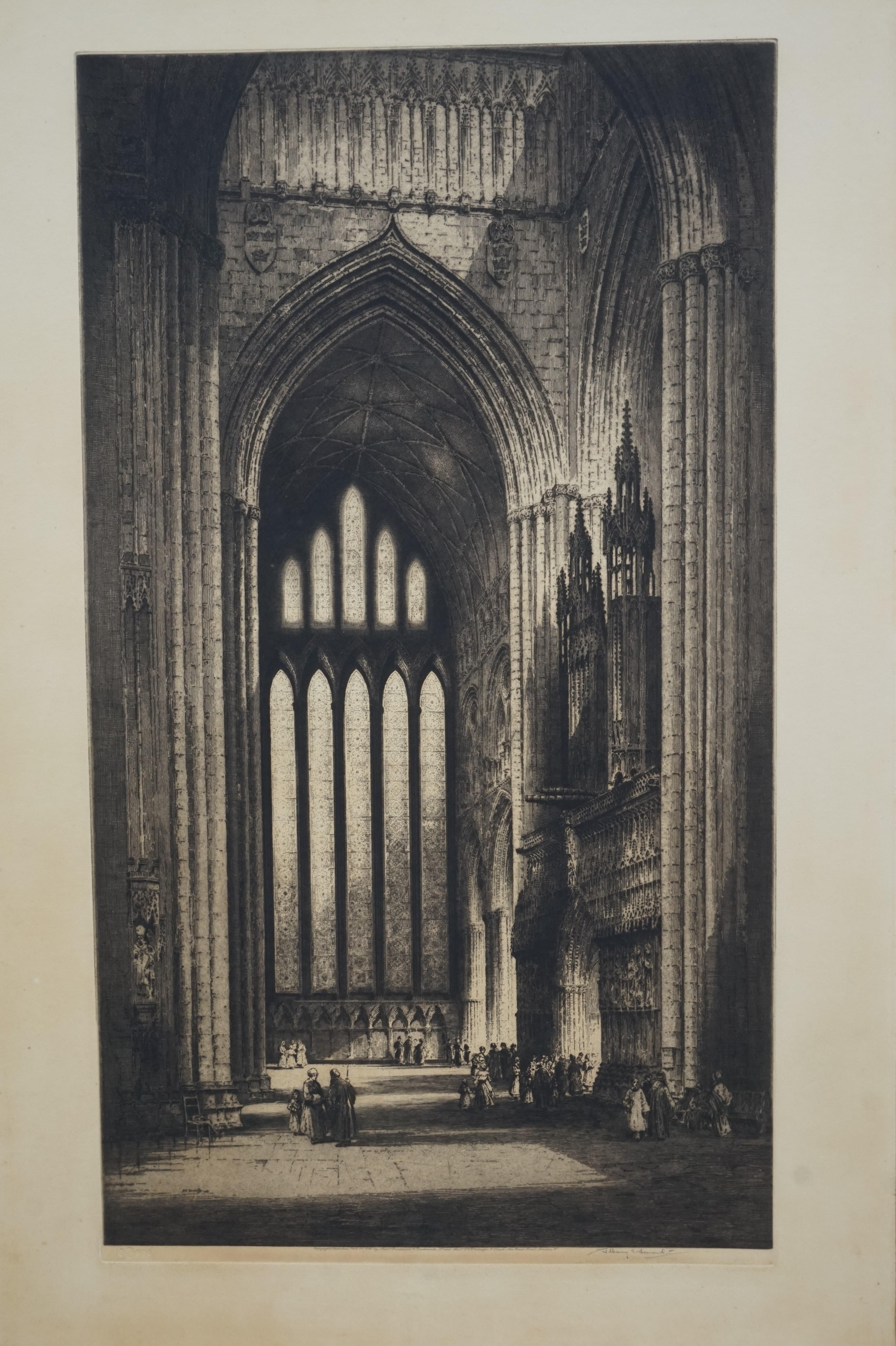Rare size and original Gothic interior etching of York Cathedral by Albany E. Howard, (1872-1936).

This large size and incredibly elaborate work of Gothic art is made and signed by one of the best in this field in early 20th century, Britain.