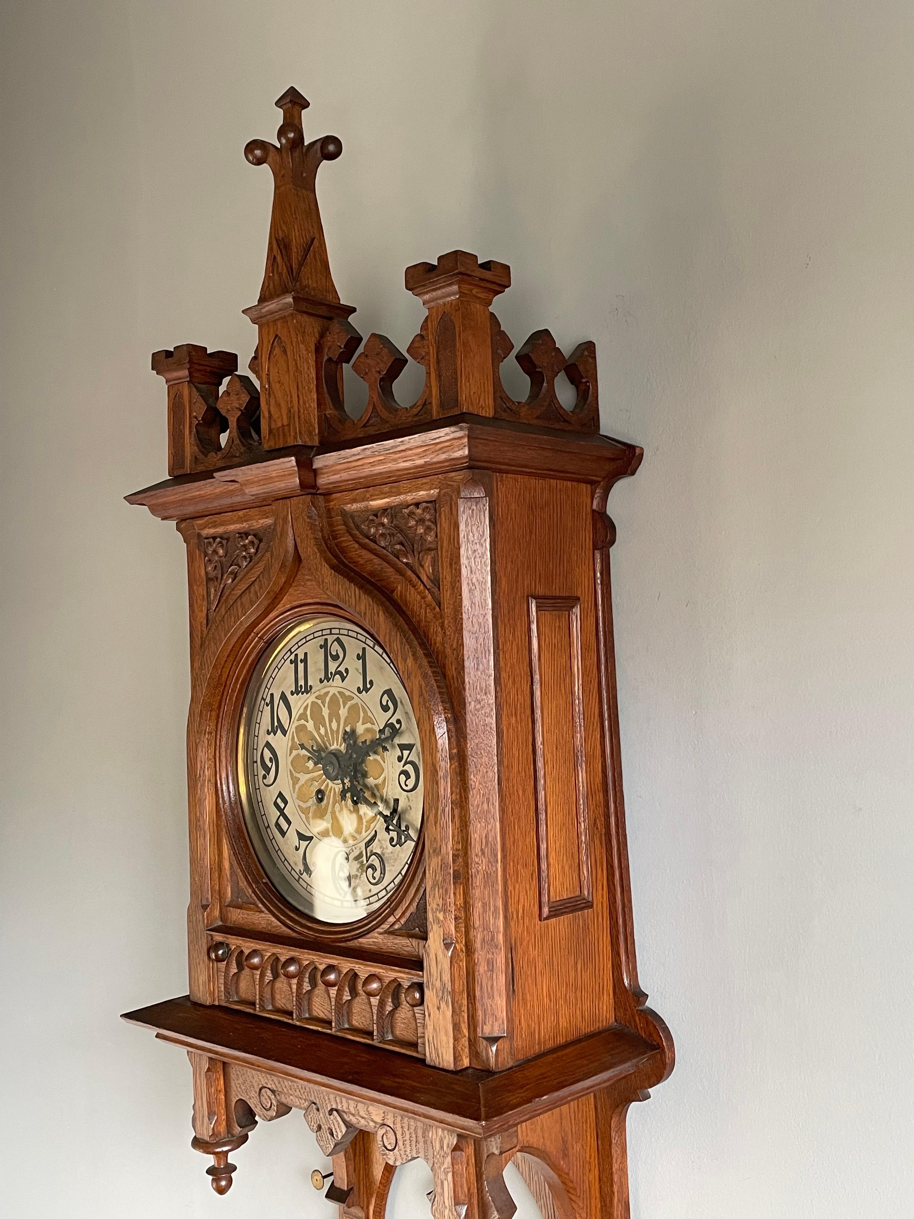 Rare & Large Antique Hand Carved Gothic Revival Wall Clock w. Lenzkirch Movement 1