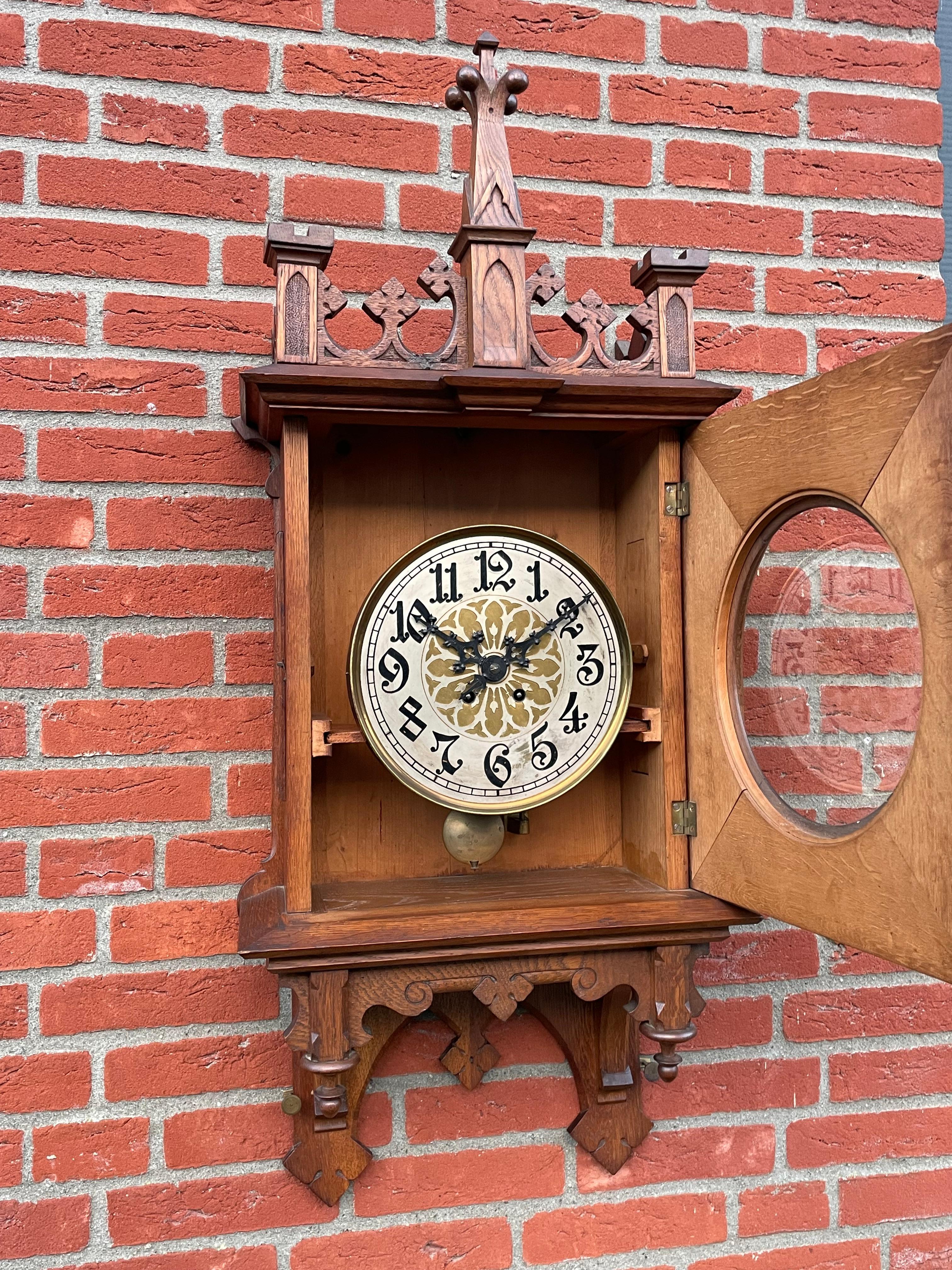 Rare & Large Antique Hand Carved Gothic Revival Wall Clock w. Lenzkirch Movement 4