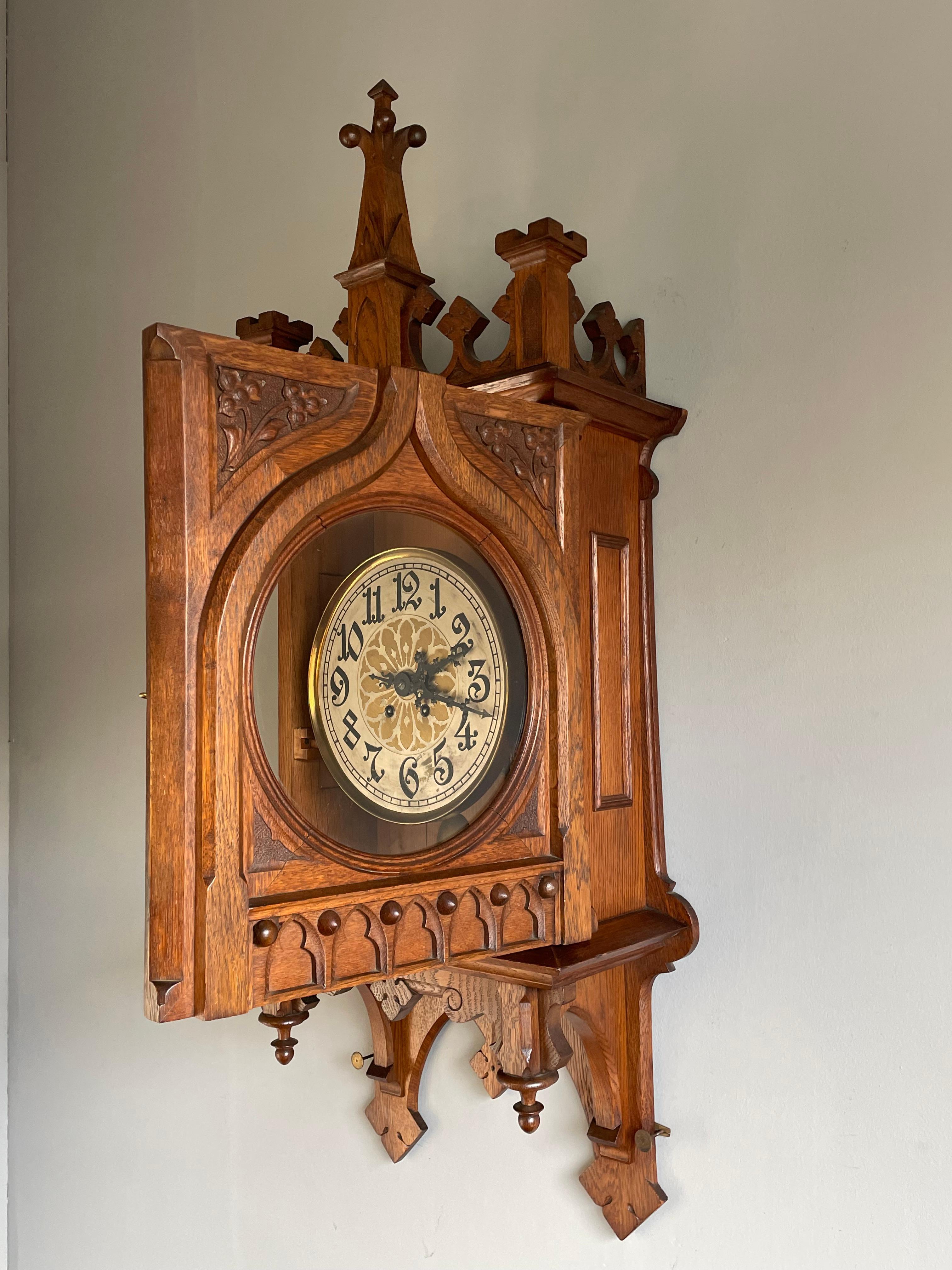 Rare & Large Antique Hand Carved Gothic Revival Wall Clock w. Lenzkirch Movement For Sale 6