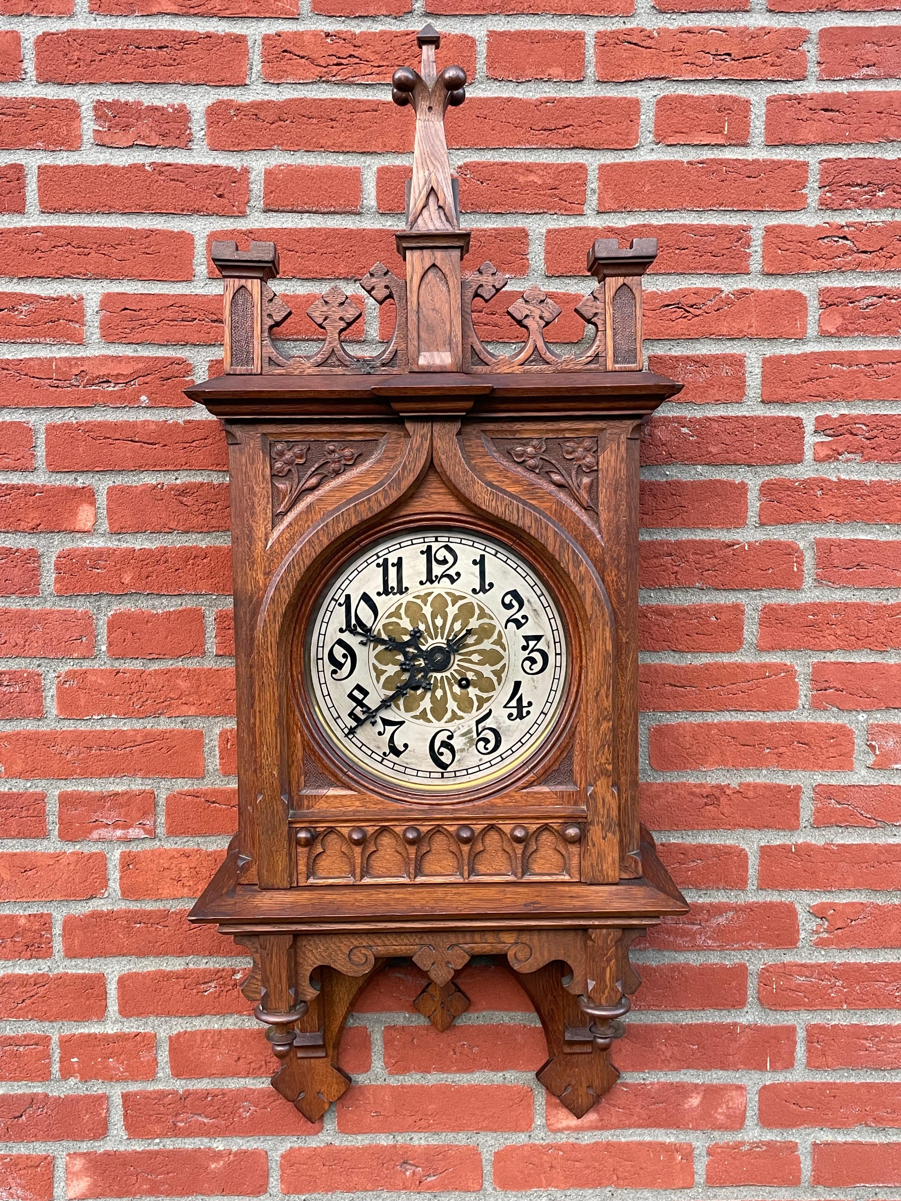 Rare & Large Antique Hand Carved Gothic Revival Wall Clock w. Lenzkirch Movement 9