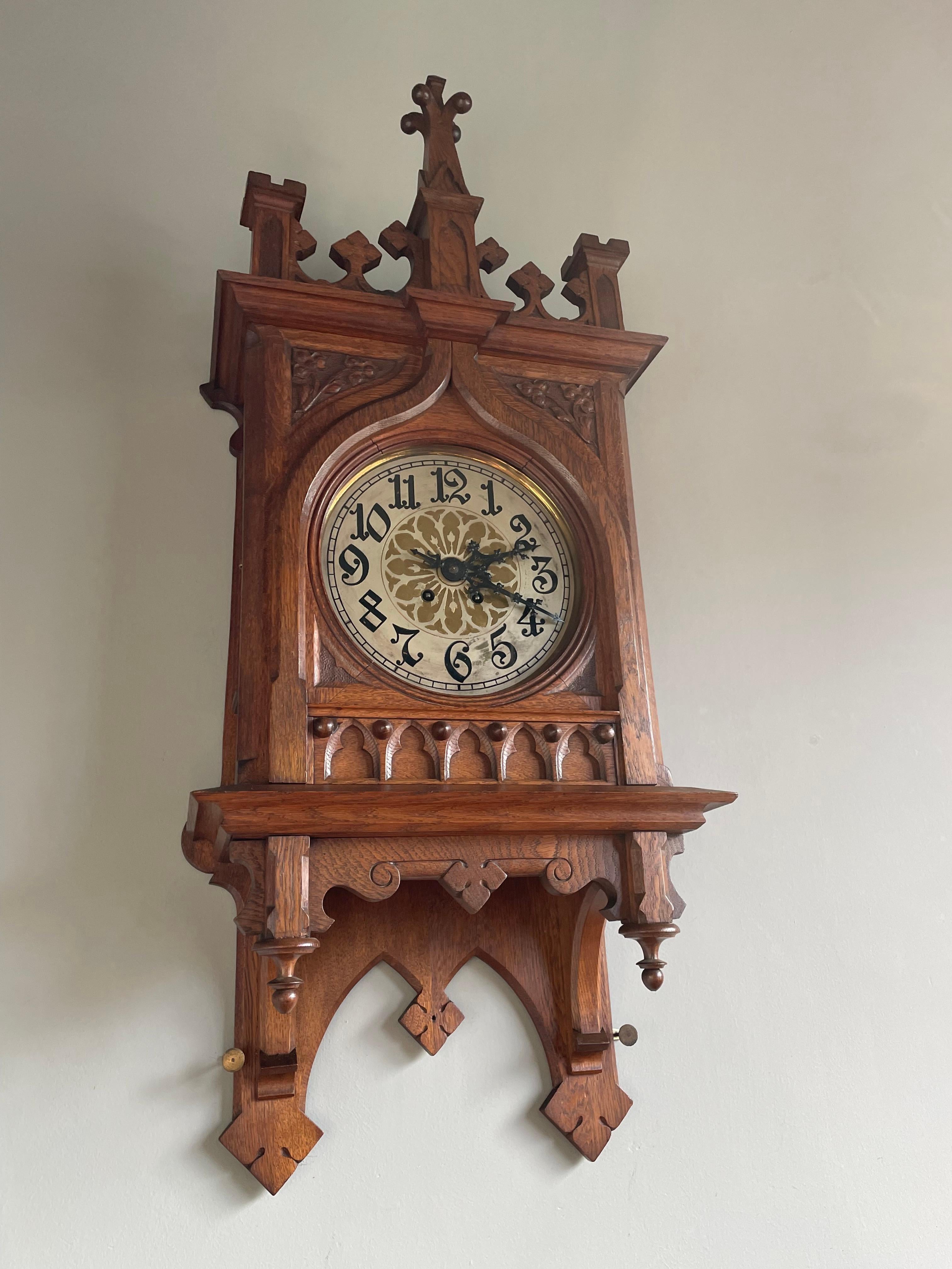 European Rare & Large Antique Hand Carved Gothic Revival Wall Clock w. Lenzkirch Movement