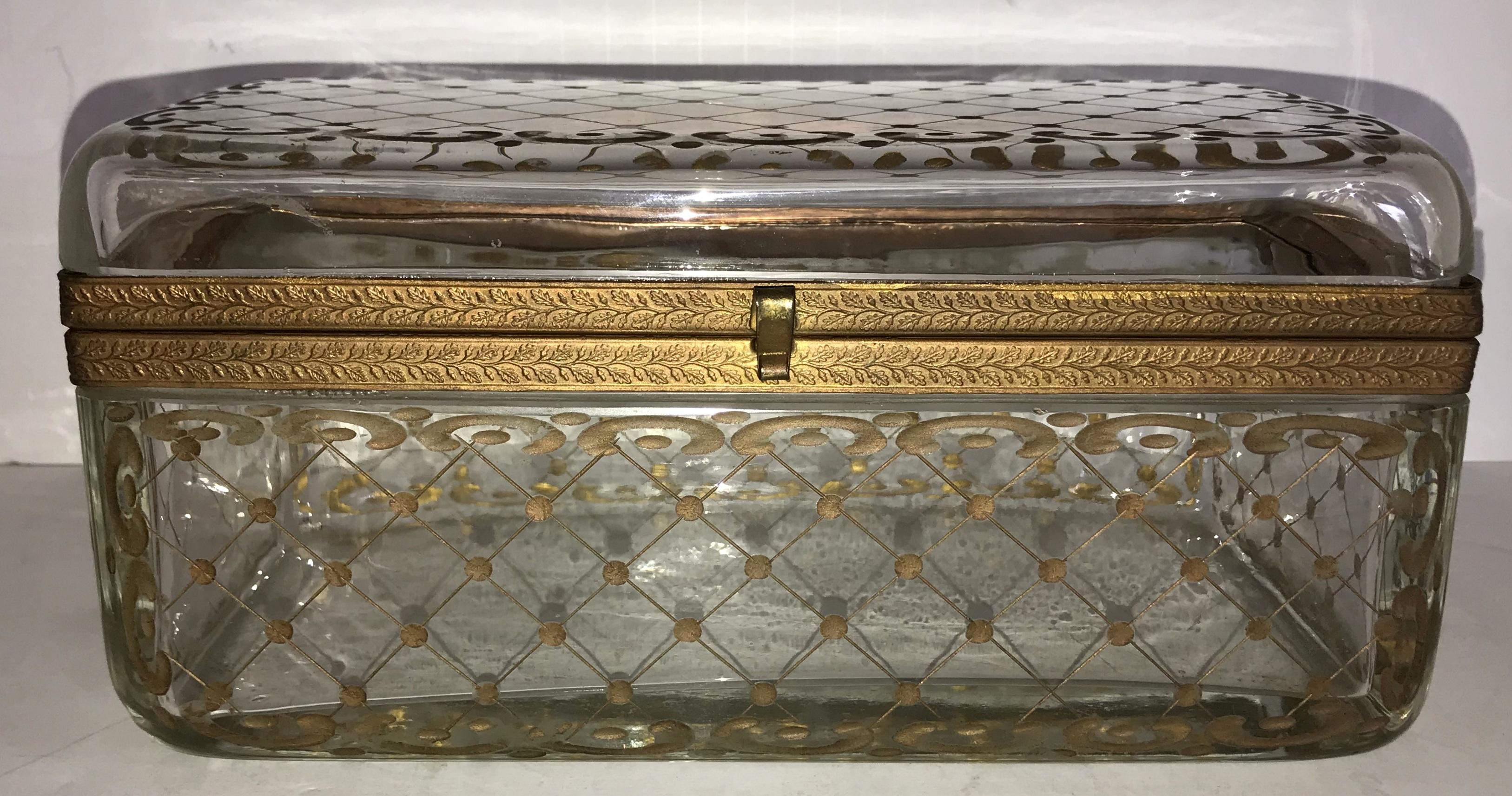 A very rare large antique hand painted on crystal with bronze ormolu mounts jewelry / glove box / casket in the manner of Baccarat.