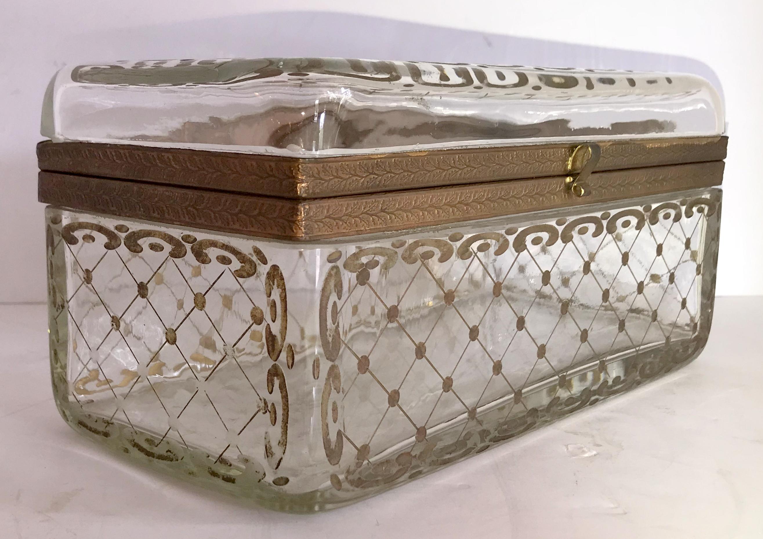 French Rare Large Antique Hand Painted Crystal Bronze Baccarat Jewelry Glove Box Casket