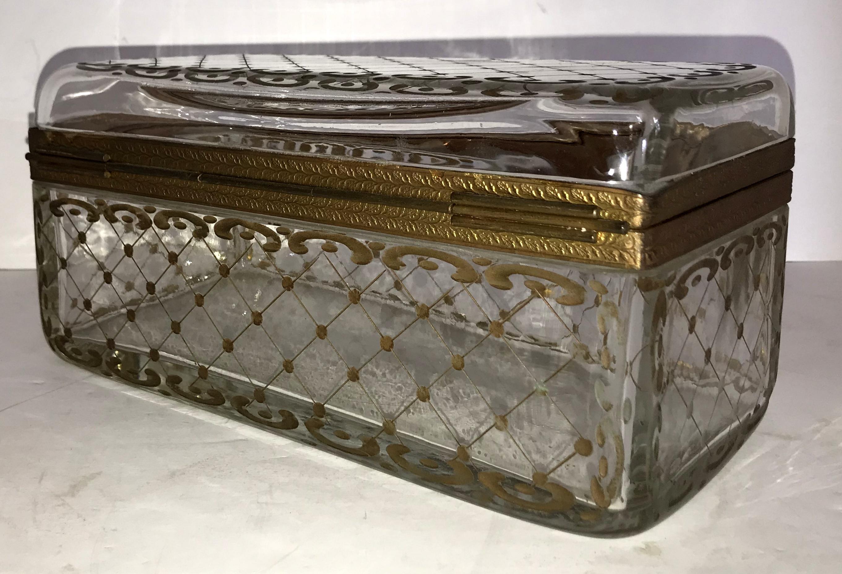 Hand-Painted Rare Large Antique Hand Painted Crystal Bronze Baccarat Jewelry Glove Box Casket