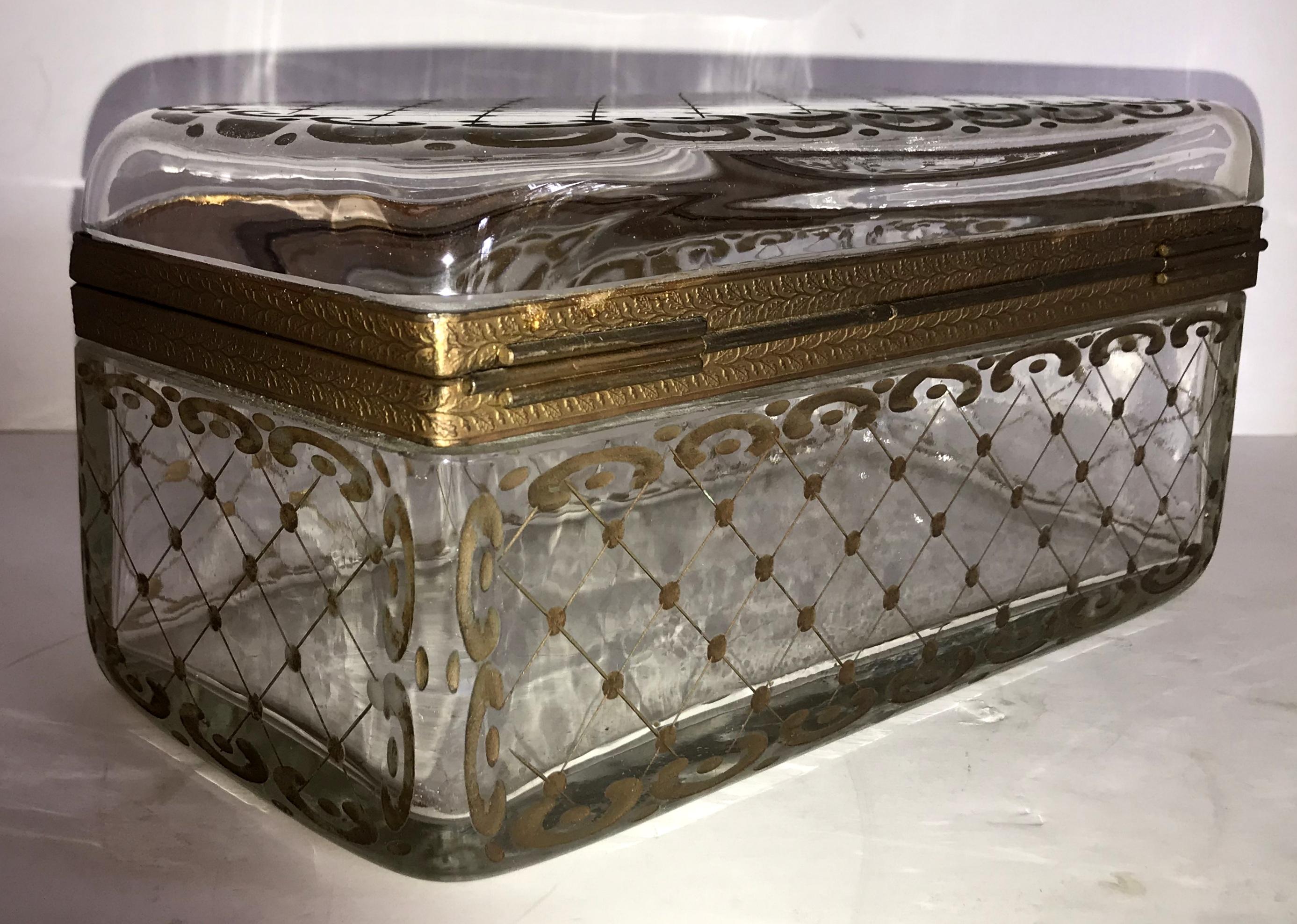 Rare Large Antique Hand Painted Crystal Bronze Baccarat Jewelry Glove Box Casket In Good Condition In Roslyn, NY