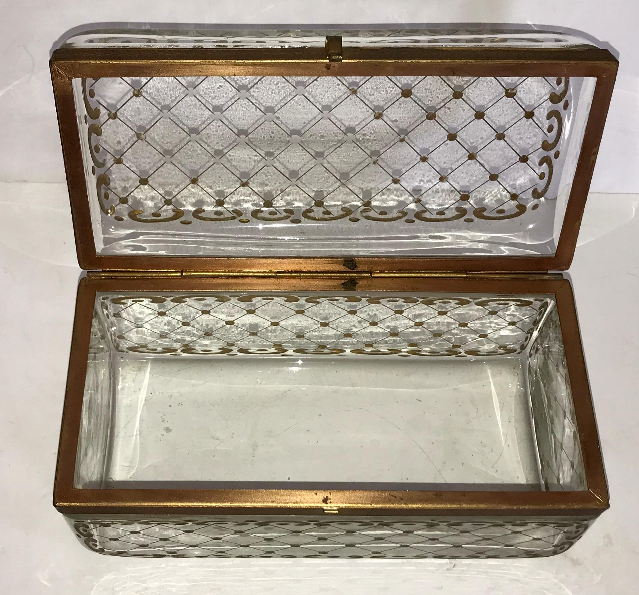 Rare Large Antique Hand Painted Crystal Bronze Baccarat Jewelry Glove Box Casket 1