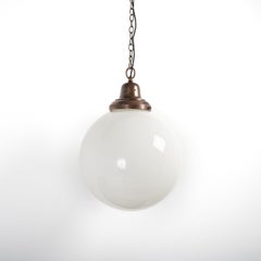 Rare Large Antique Opaline Globe Pendant Light with Cast Copper Gallery