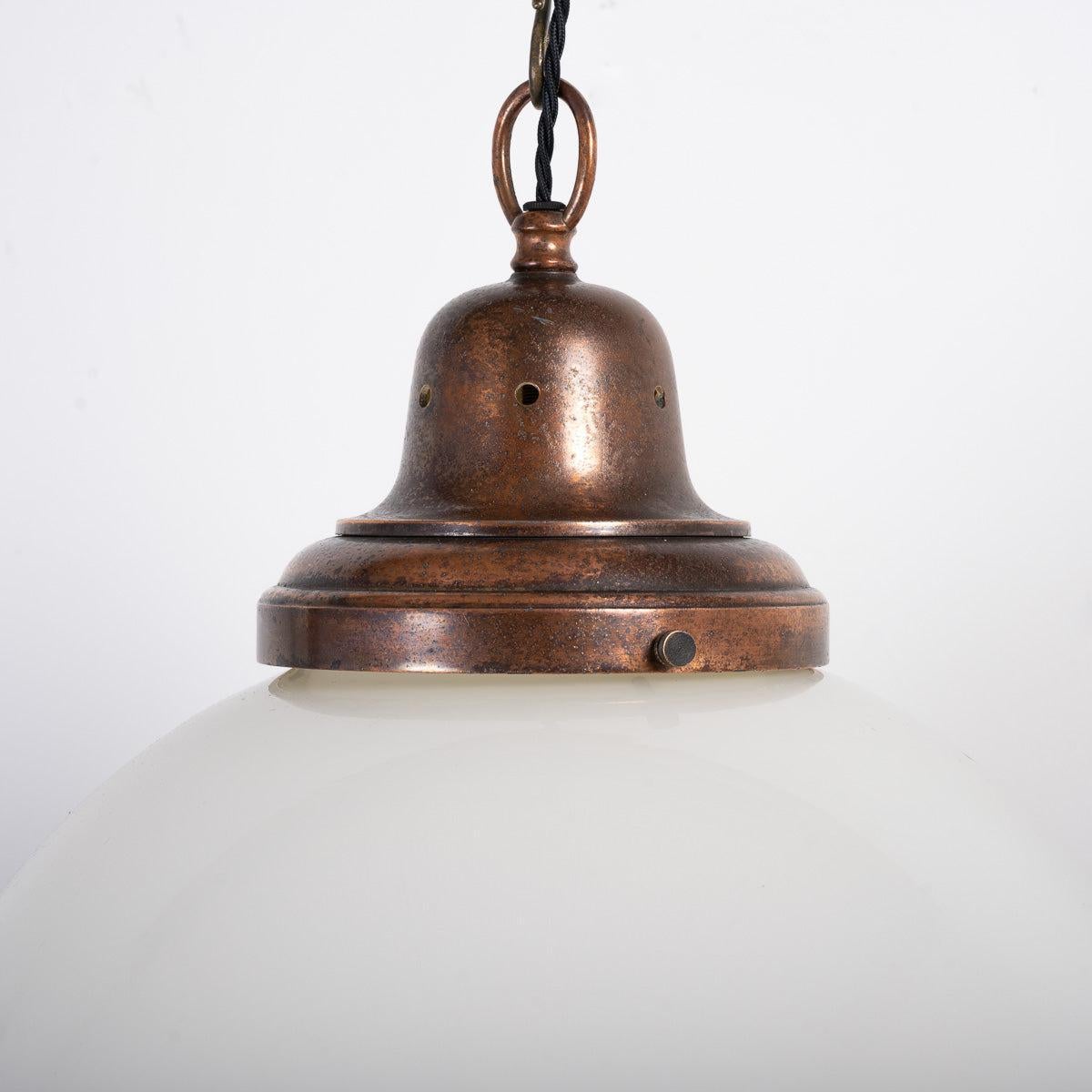 Early 20th Century Rare Large Antique Opaline Globe Pendant Light with Cast Copper Gallery