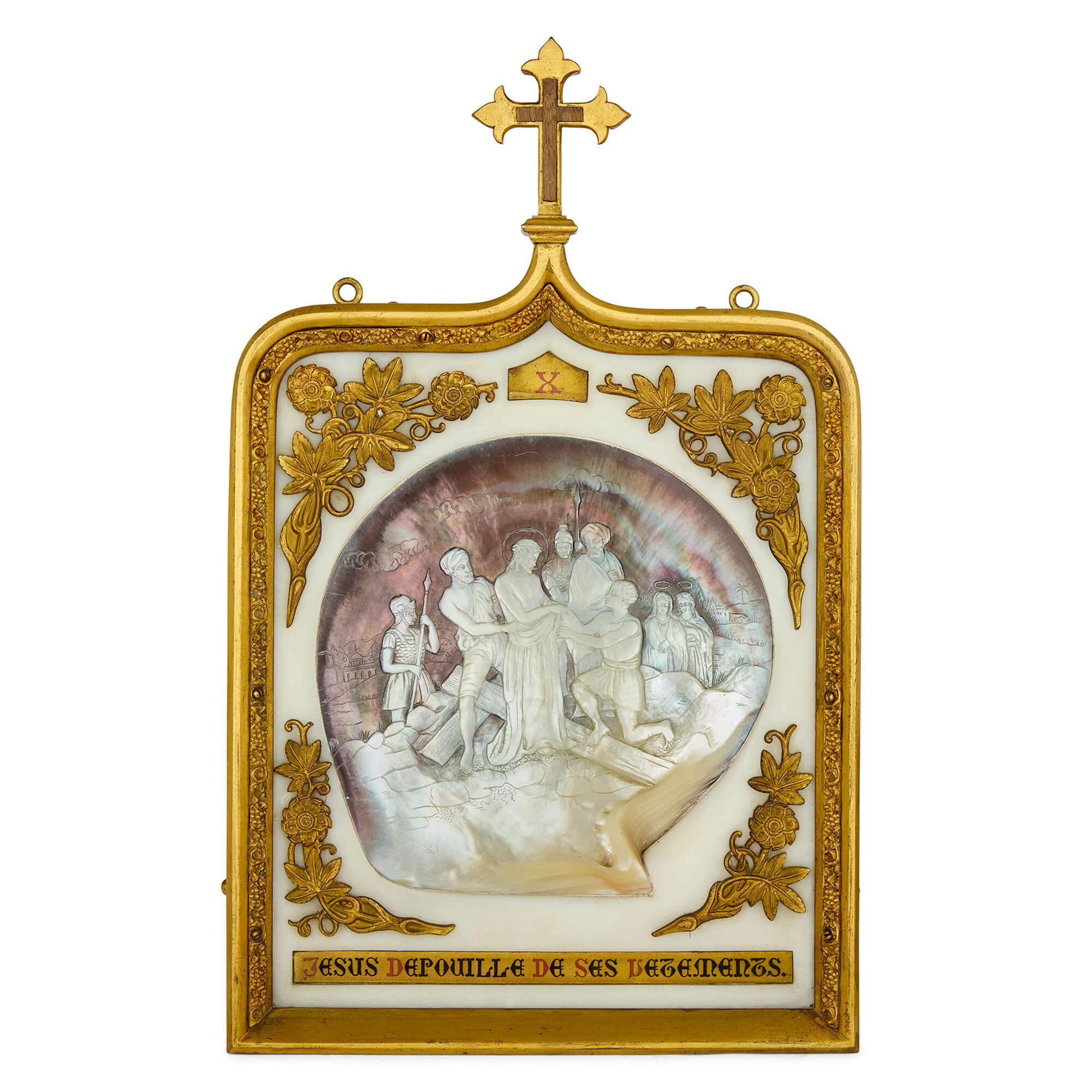 Raro grande set antico Madreperla Ormolu Marmo Stazioni della Croce in vendita 5