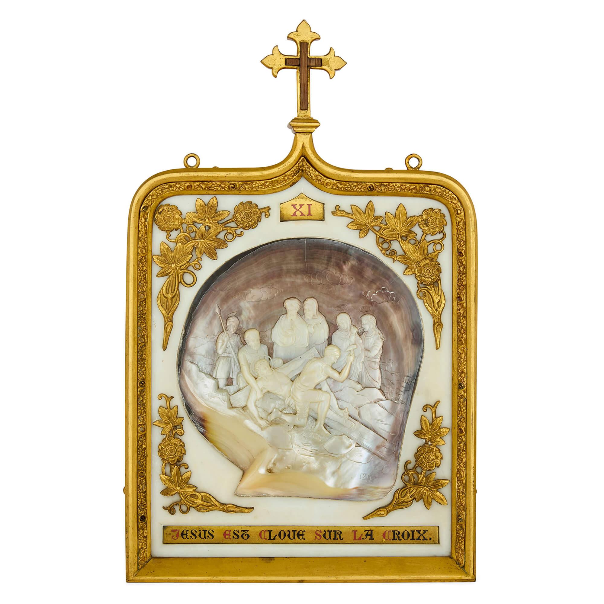 Raro grande set antico Madreperla Ormolu Marmo Stazioni della Croce in vendita 6