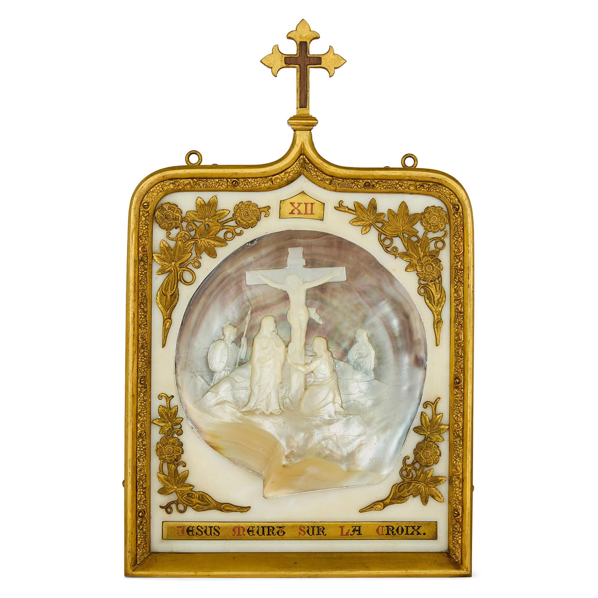 Raro grande set antico Madreperla Ormolu Marmo Stazioni della Croce in vendita 7