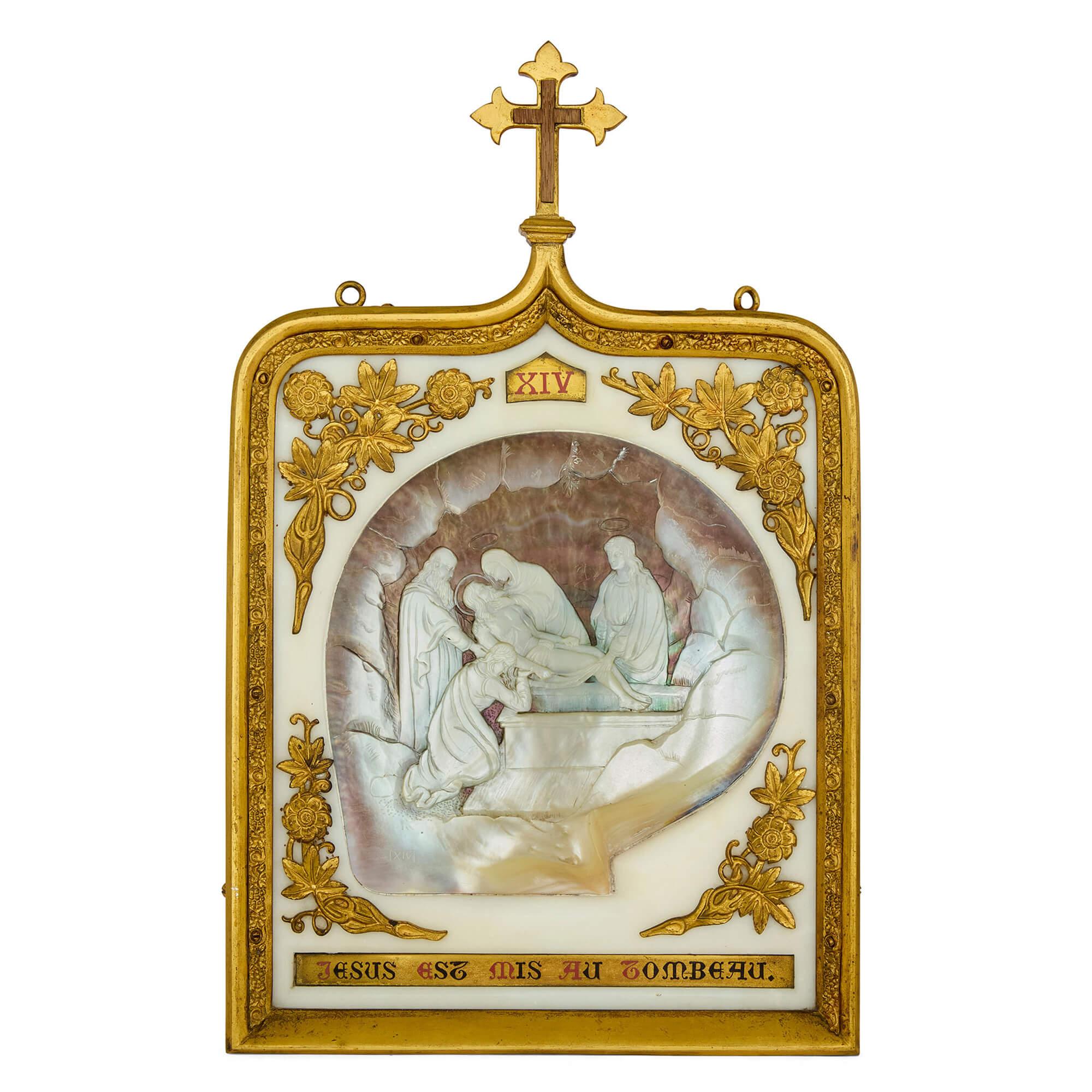 Raro grande set antico Madreperla Ormolu Marmo Stazioni della Croce in vendita 9
