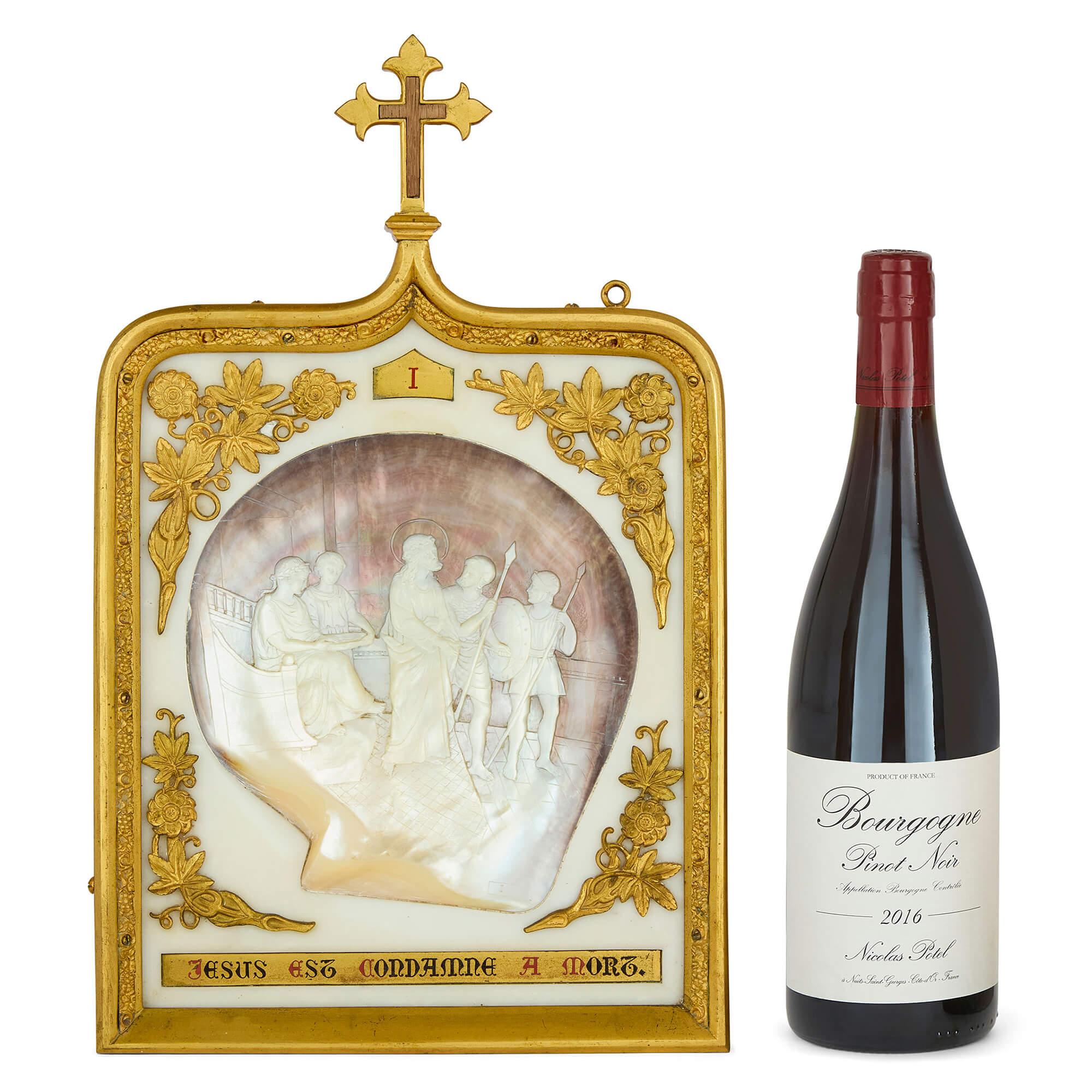 Raro grande set antico Madreperla Ormolu Marmo Stazioni della Croce in vendita 11