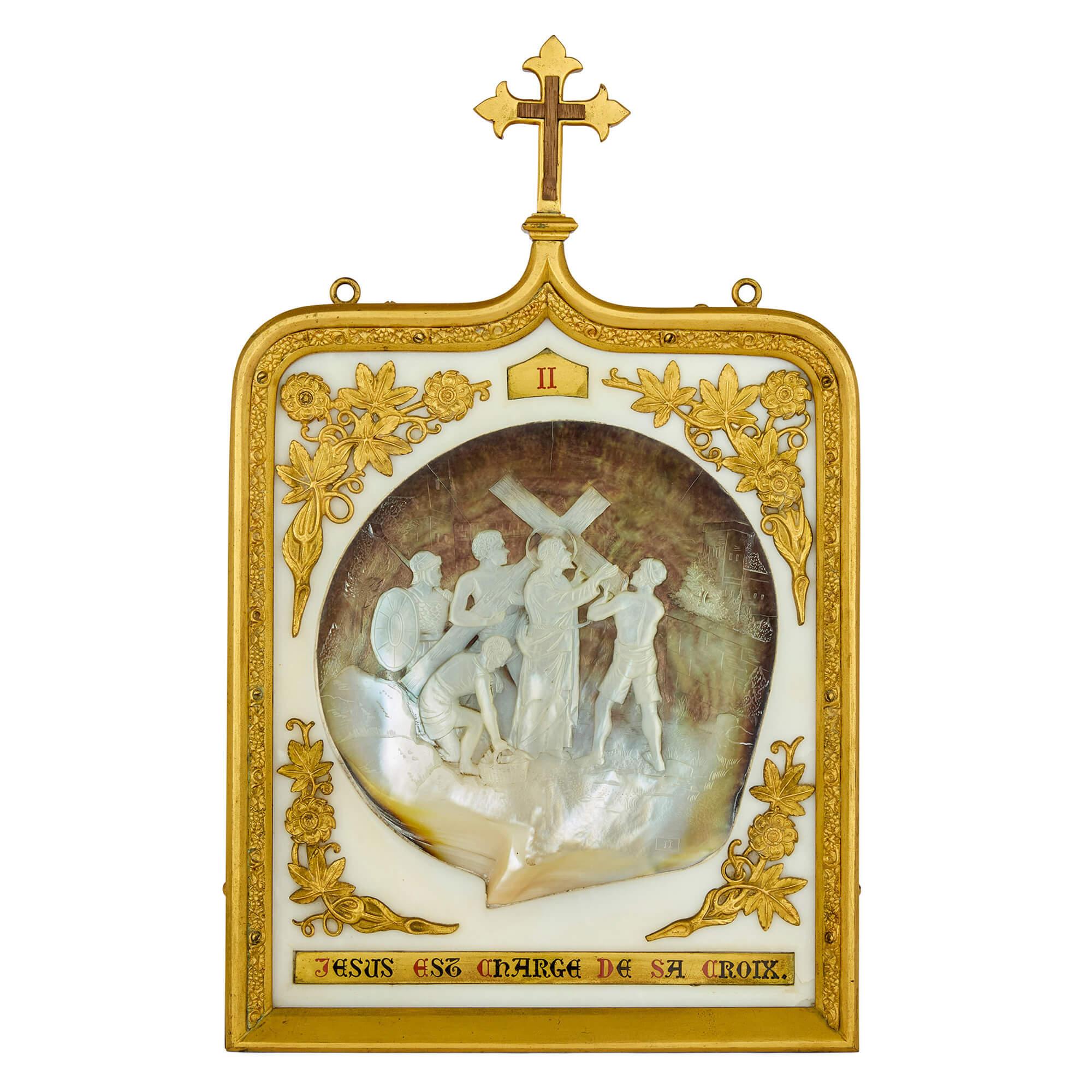 Francese Raro grande set antico Madreperla Ormolu Marmo Stazioni della Croce in vendita