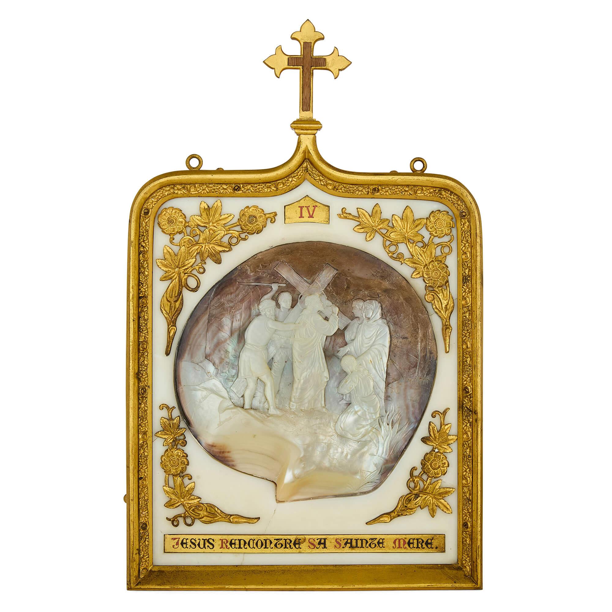 Raro grande set antico Madreperla Ormolu Marmo Stazioni della Croce In condizioni buone in vendita a London, GB