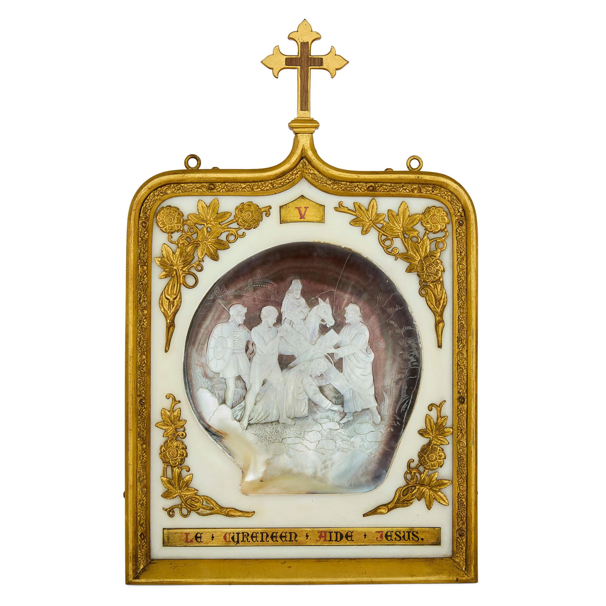 XIX secolo Raro grande set antico Madreperla Ormolu Marmo Stazioni della Croce in vendita