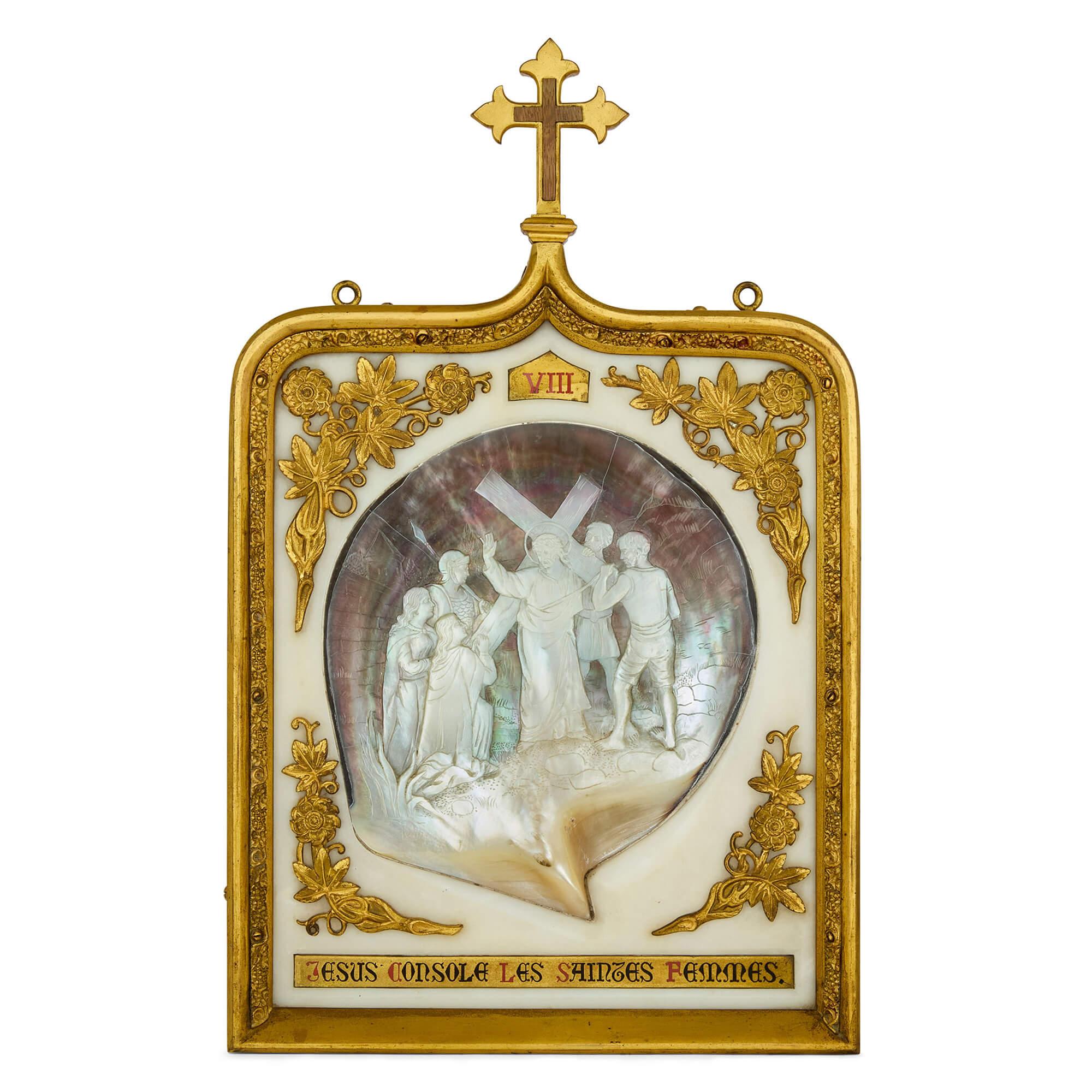 Raro grande set antico Madreperla Ormolu Marmo Stazioni della Croce in vendita 3