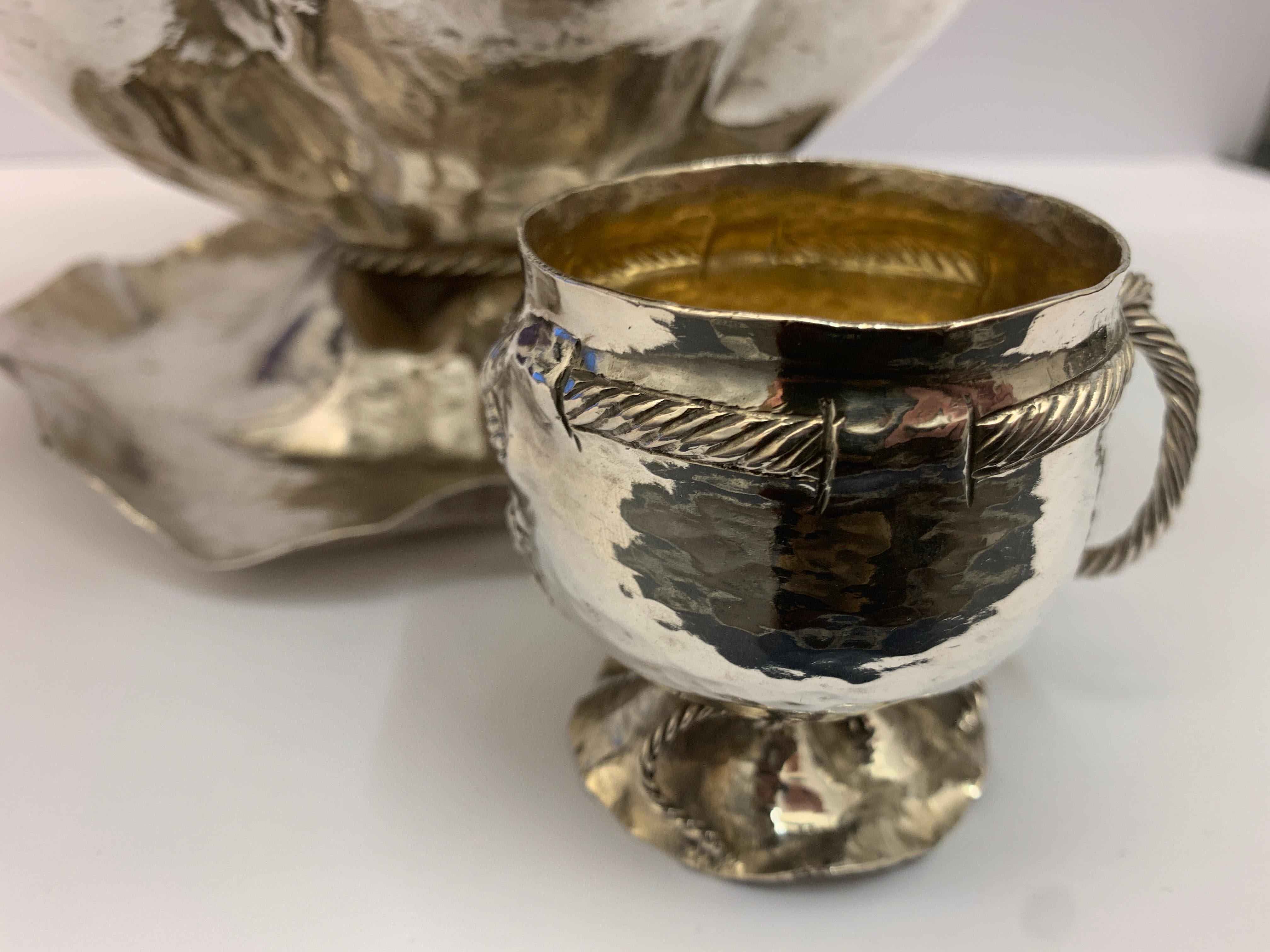 English Rare Large Antique Silver Punch Bowl with Cups, circa 1900 For Sale