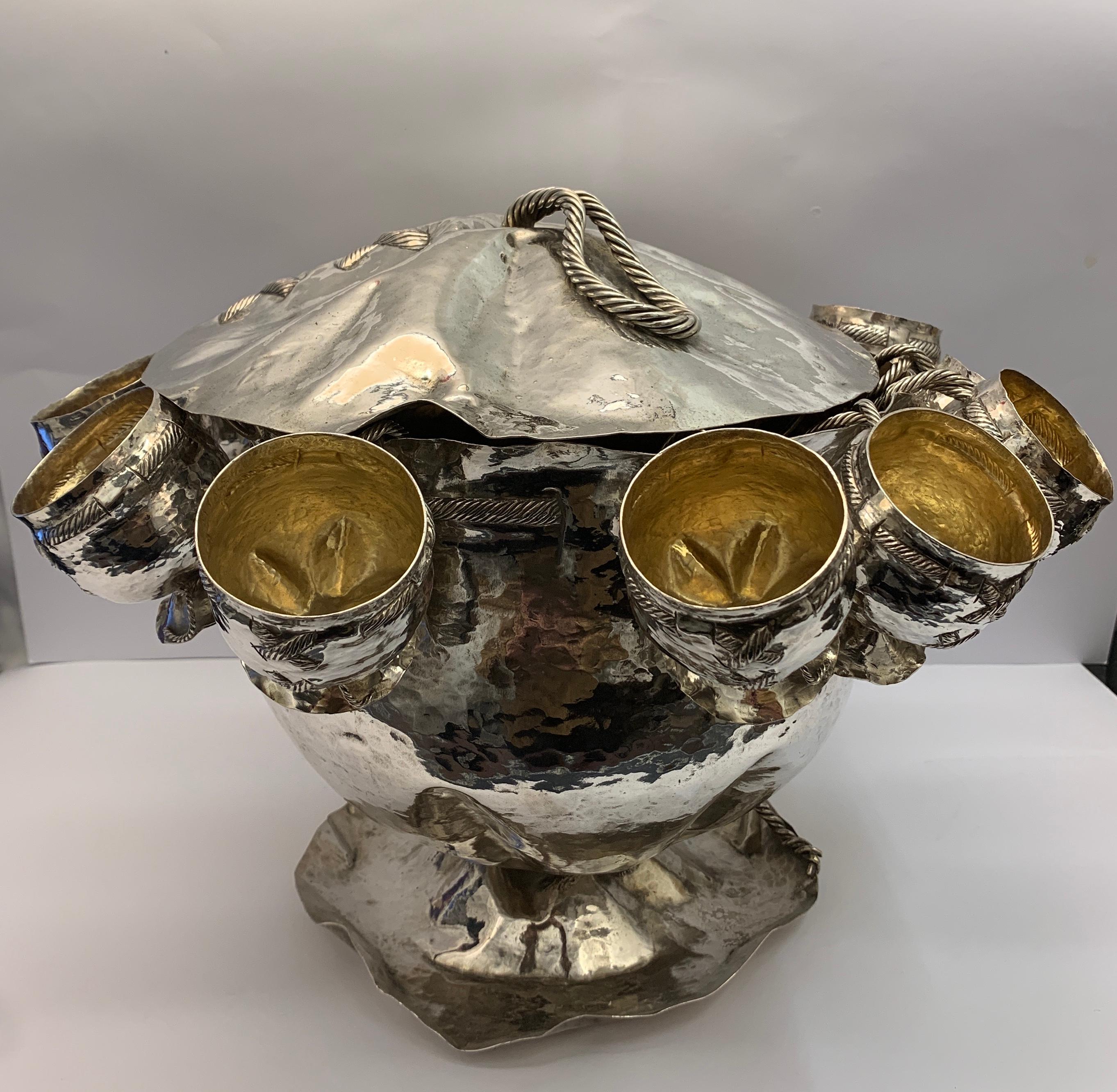 Rare Large Antique Silver Punch Bowl with Cups, circa 1900 In Good Condition For Sale In London, London