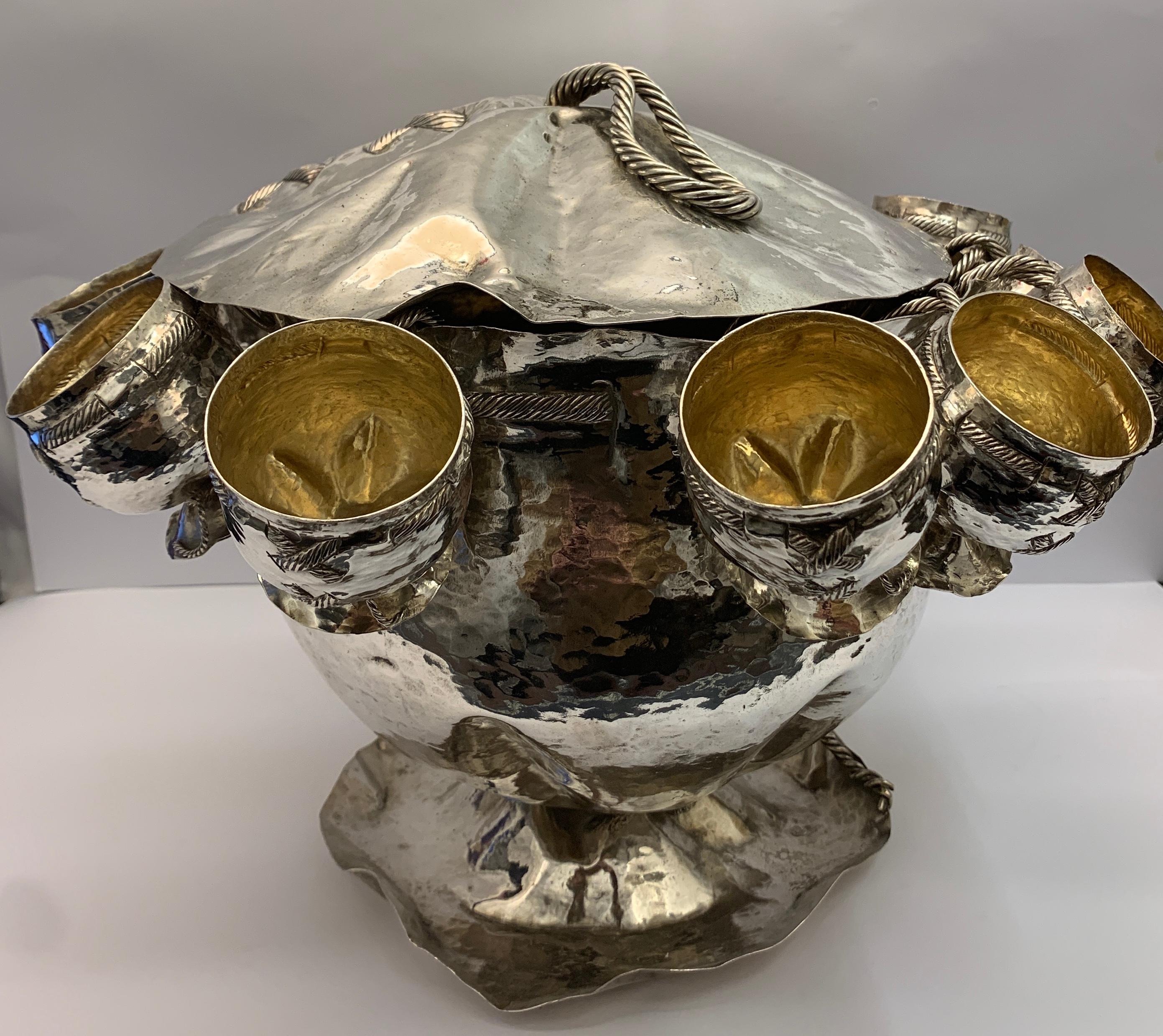 Early 20th Century Rare Large Antique Silver Punch Bowl with Cups, circa 1900 For Sale