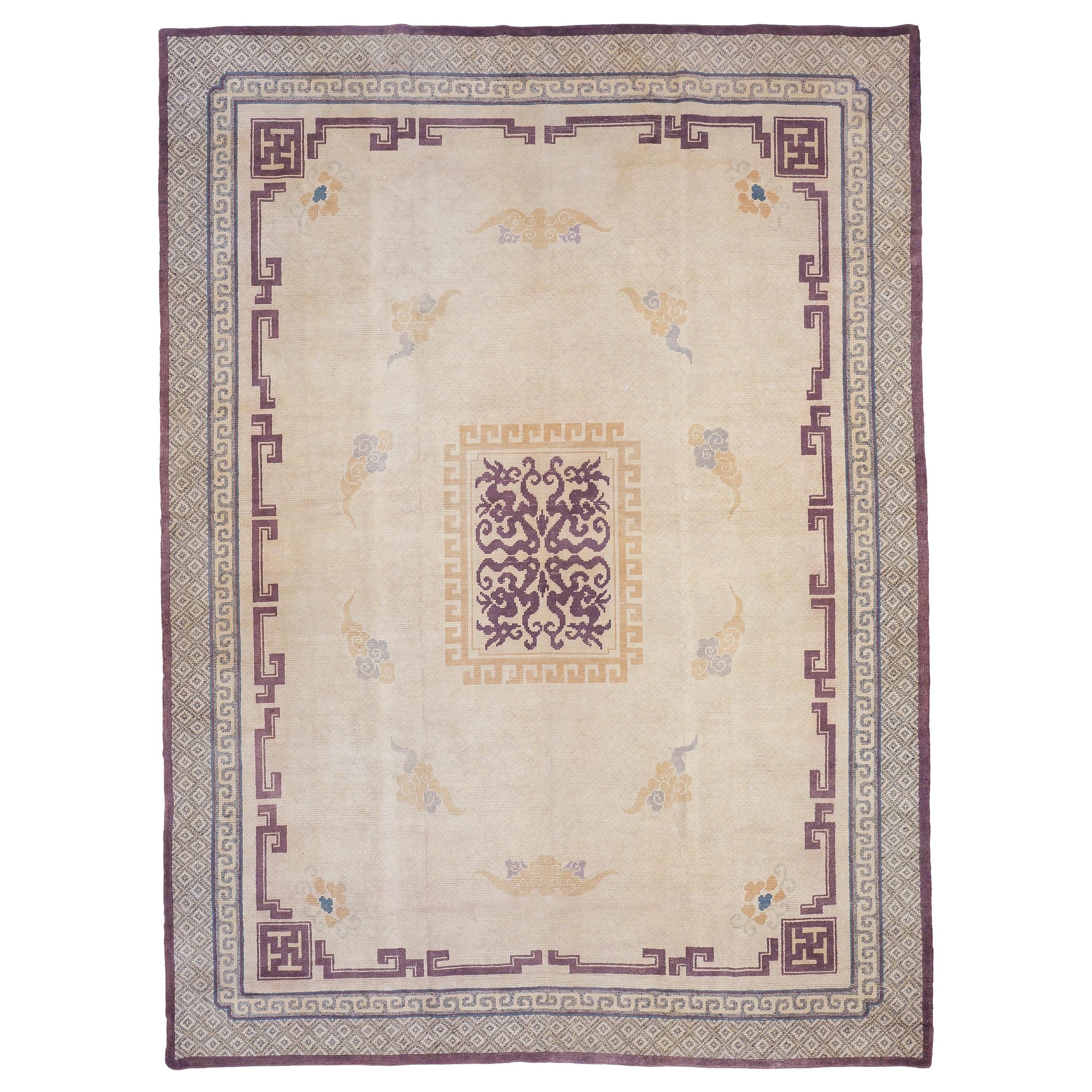 Raro e grande tappeto antico in cotone giapponese Nabesima Dantsu bianco con disegno Ningxia in vendita