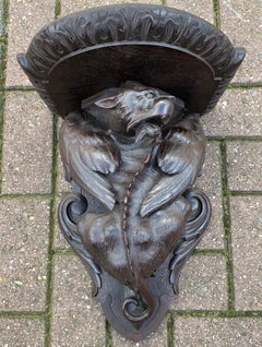 Rare & Large Antique Wooden Gothic Art Gargoyle Sculpture Wall Bracket or Shelf