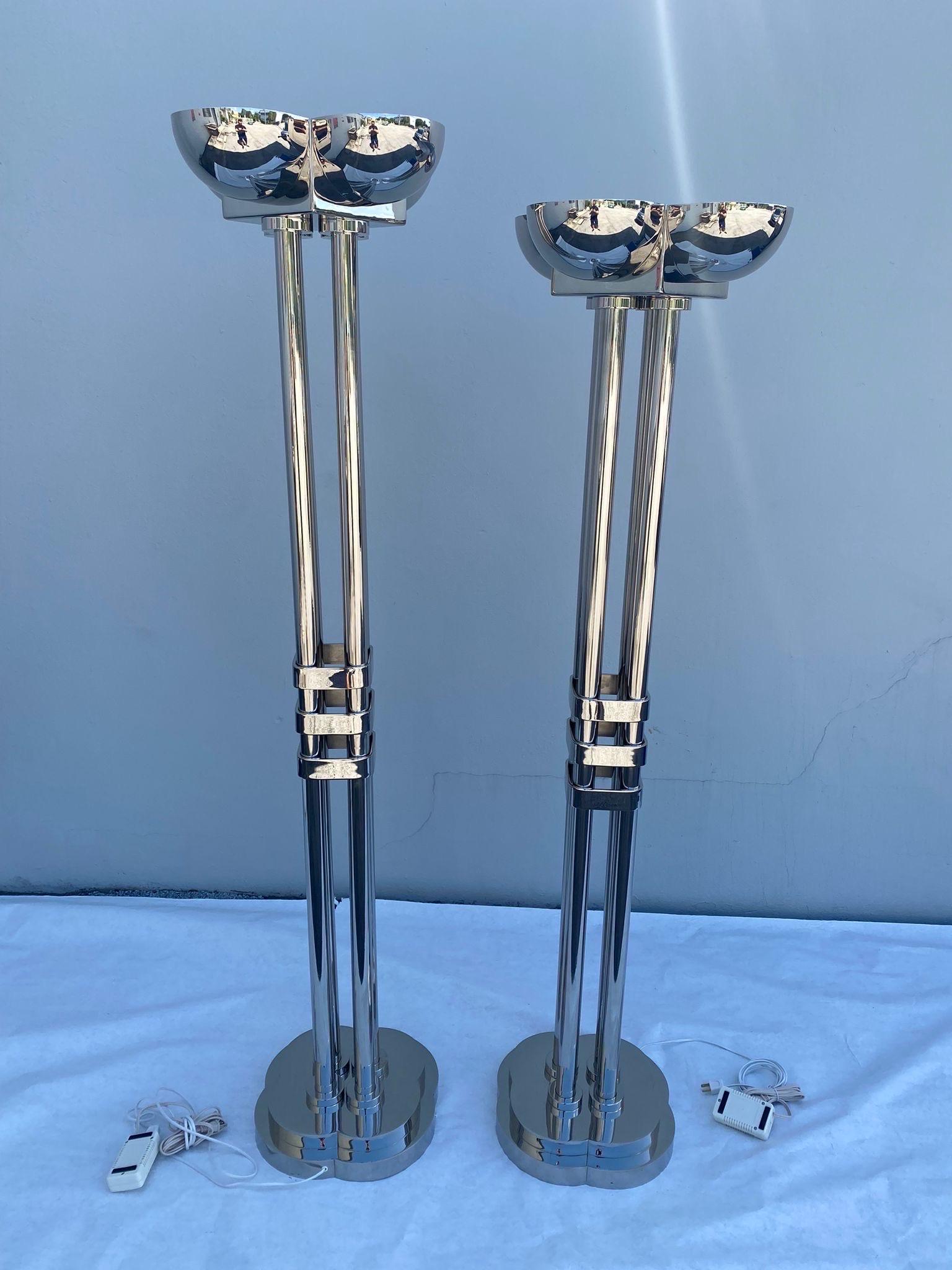 European Rare Large Art Deco Period Polished Chromed Torchiere Lamp - Two Available For Sale