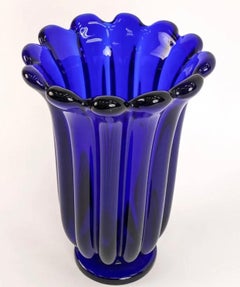 Rare Large Art Glass Scalloped Vintage Cobalt Blue Seguso Vase Murano, Italy