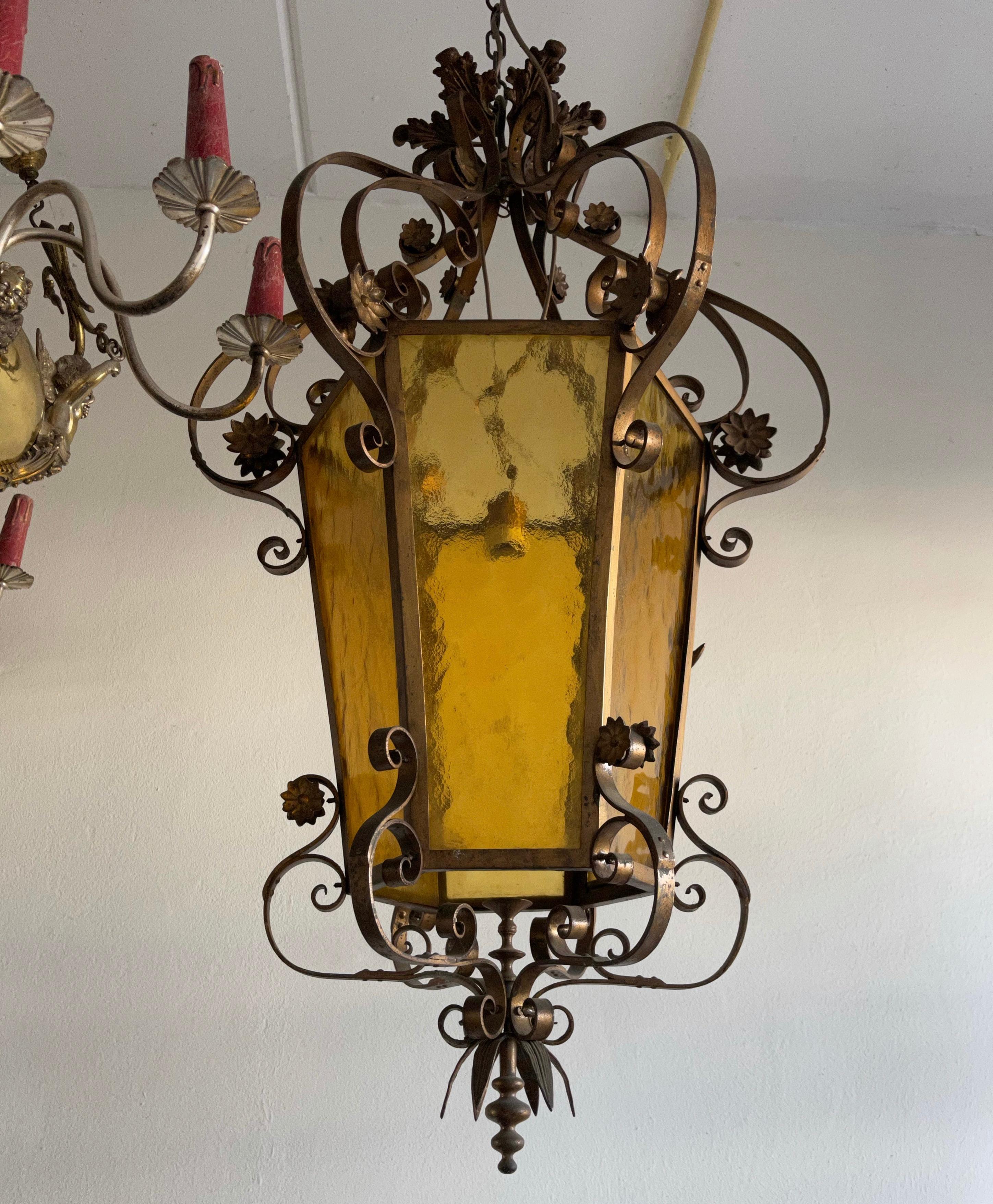 Top quality and large size, handcrafted light fixture.

With early 20th century lighting as one of our specialties, we are always happy to find a pendant, lantern or chandelier that we have never seen before. This large and brass lantern is another