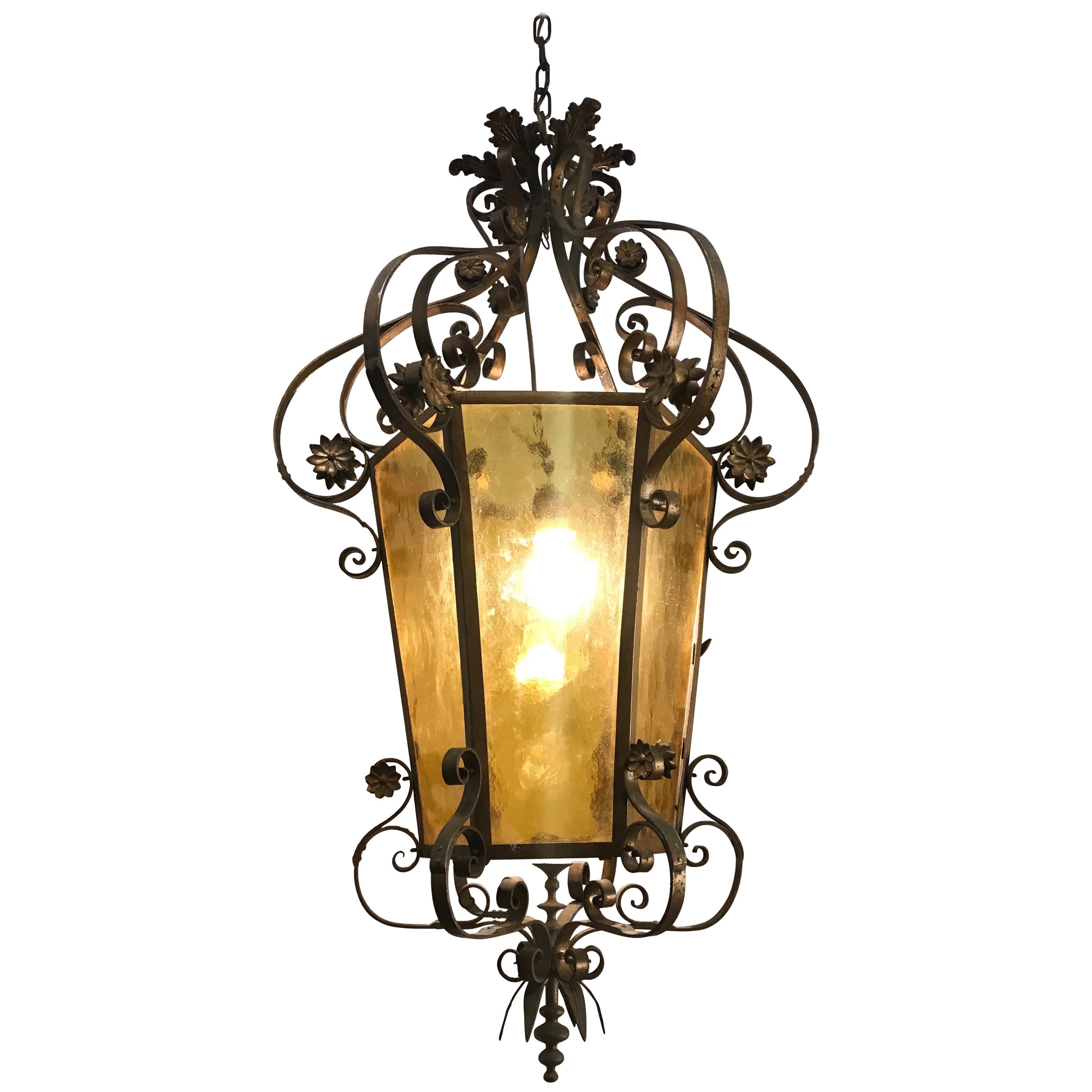 Rare Large Arts 
Crafts Brass and Colored Glass Hexagonal Lantern or Chandelier