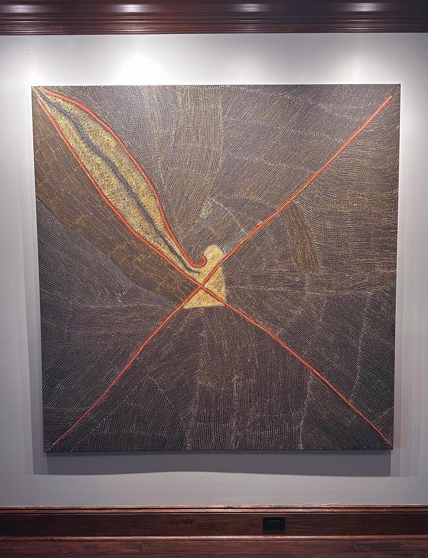 Un importante dipinto aborigeno contemporaneo realizzato da Kathleen Petyarre (1940-2018) nel 2010. Il dipinto era un raro pezzo di grandi dimensioni, eccezionalmente eseguito con colori terrosi, che mostrava dettagli meticolosi e movimenti visivi