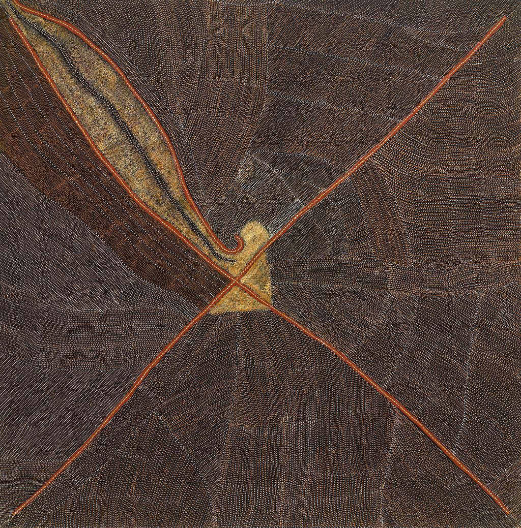 Une importante peinture aborigène contemporaine réalisée par Kathleen Petyarre (1940-2018) en 2010. Il s'agit d'une œuvre rare de grande taille, exceptionnellement exécutée dans des couleurs terreuses, avec des détails méticuleux et des mouvements