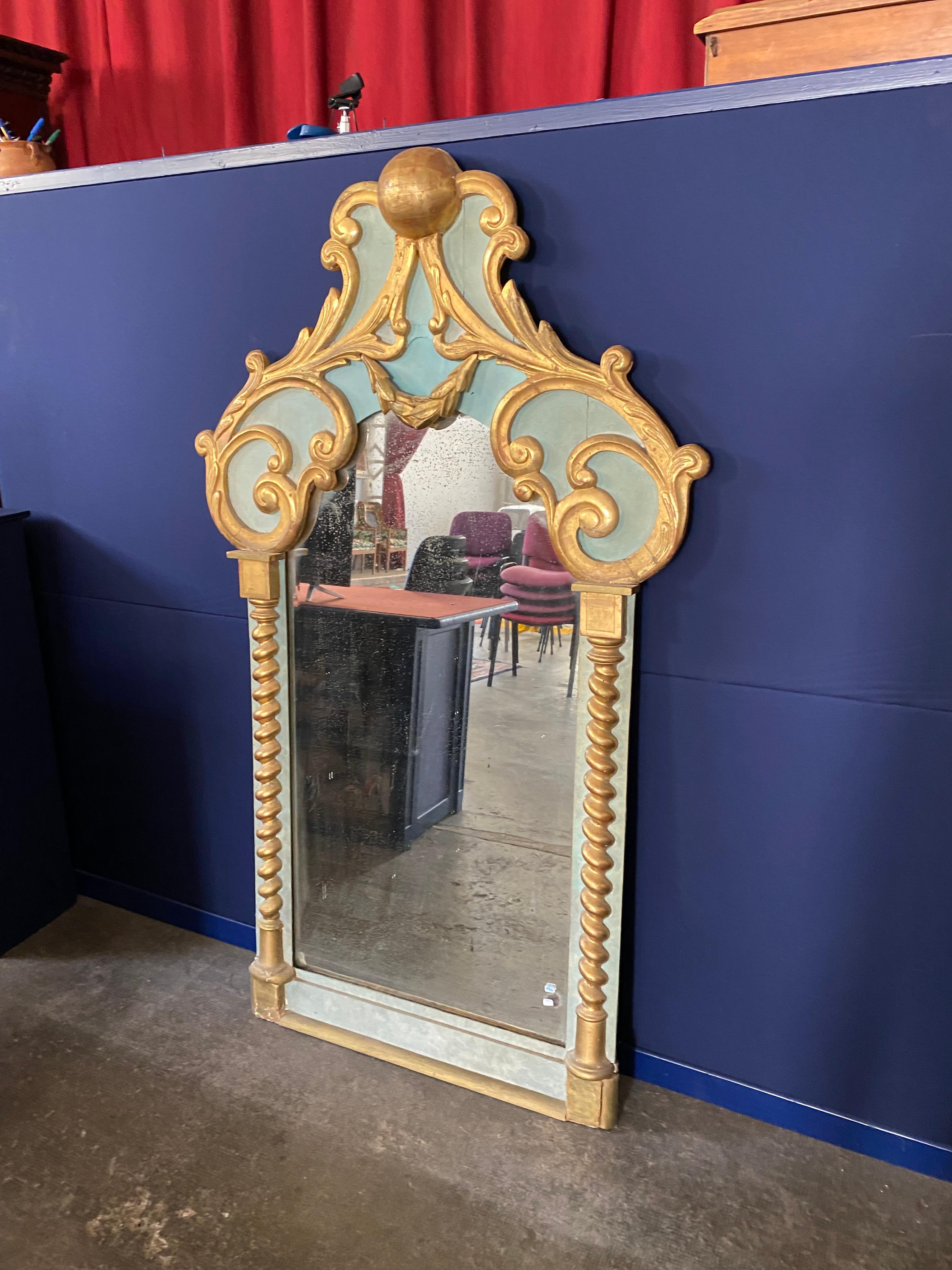 European Rare Large Baroque Mirror circa 1900-1930, in Lacquered and Gilded Wood For Sale