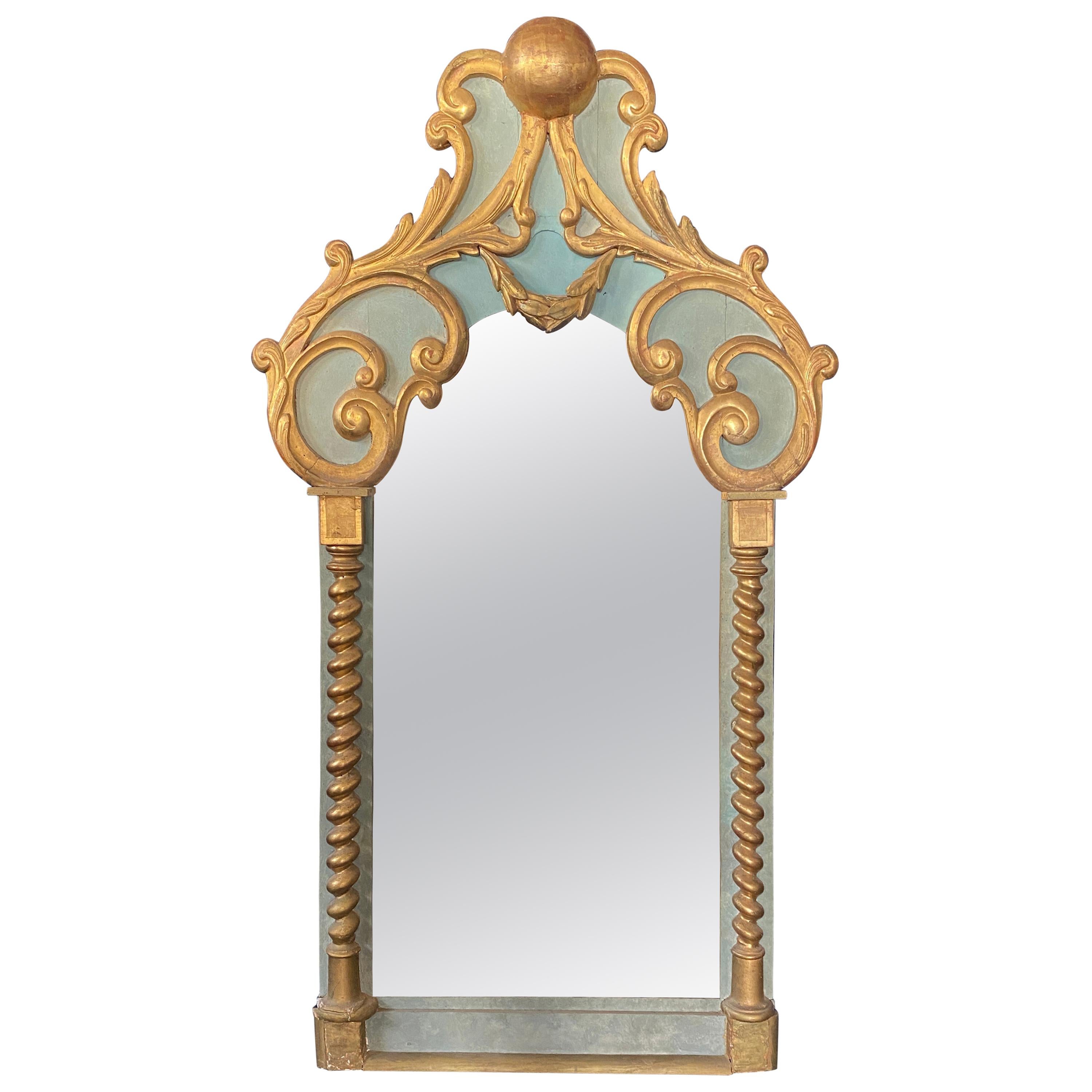 Grand miroir baroque rare, datant d'environ 1900 à 1930, en bois laqué et doré