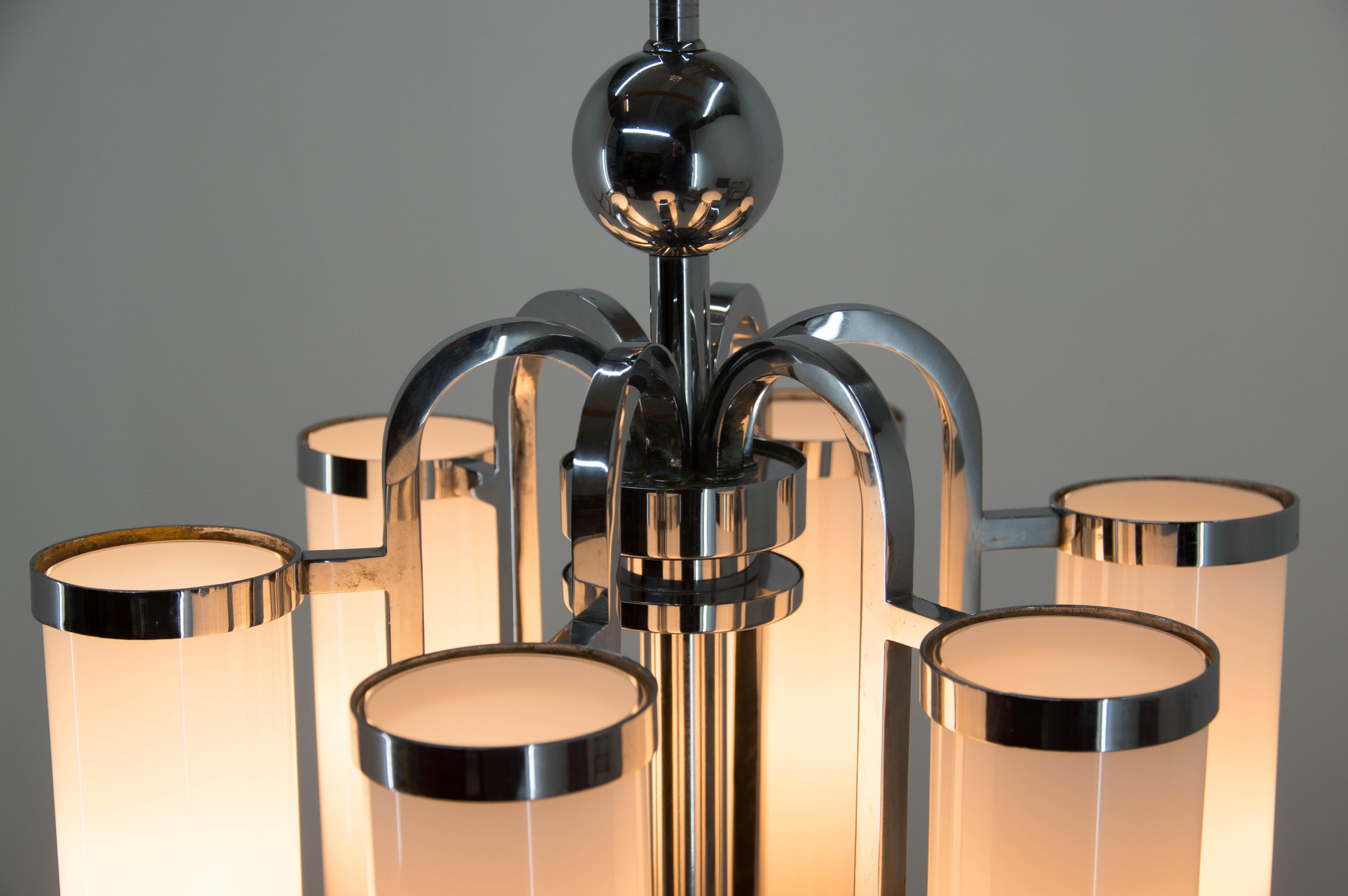 Opaline Glass Rare Large Bauhaus Chrome-Plated Tubular Chandelier, 1930s For Sale