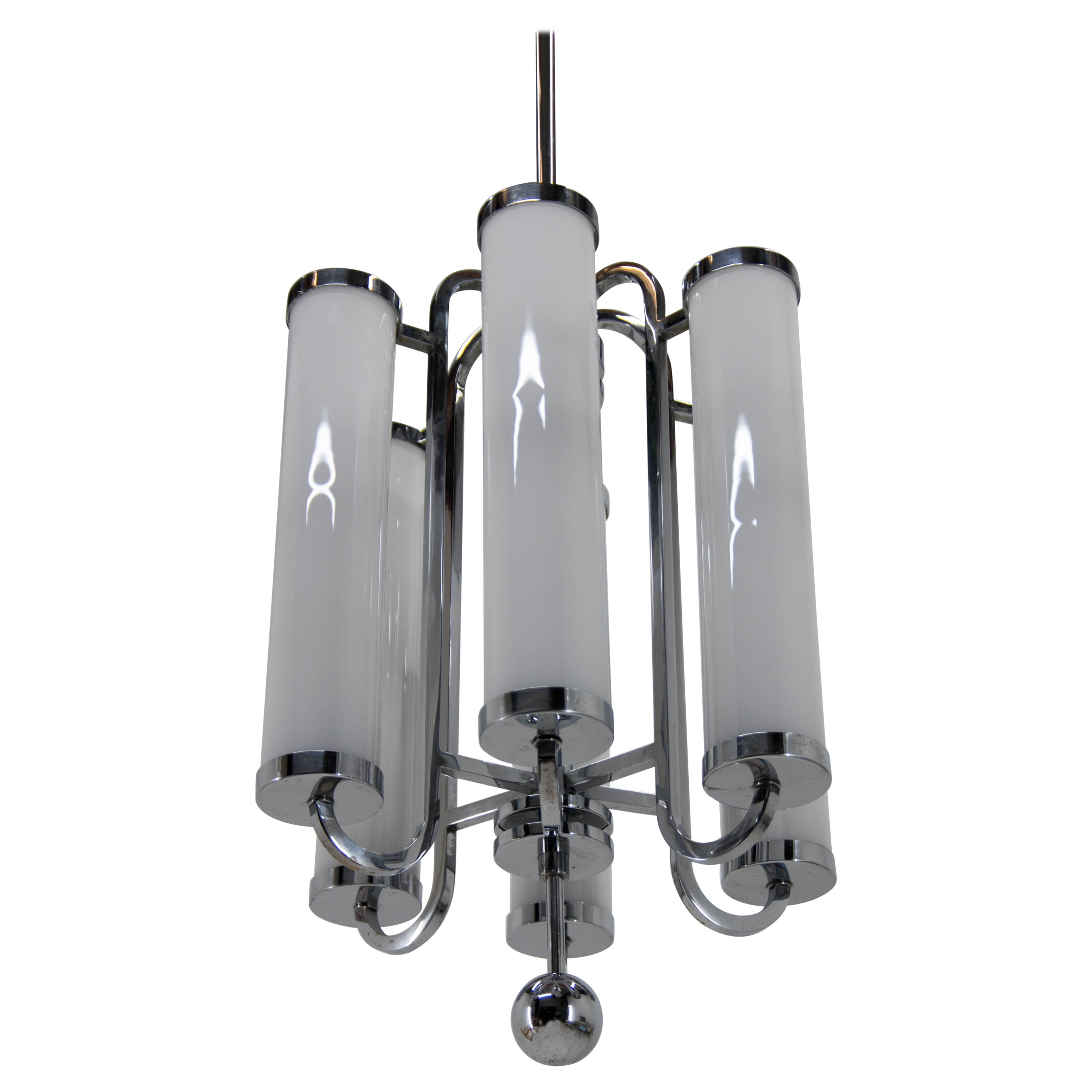 Rare Large Bauhaus Chrome-Plated Tubular Chandelier, 1930s
