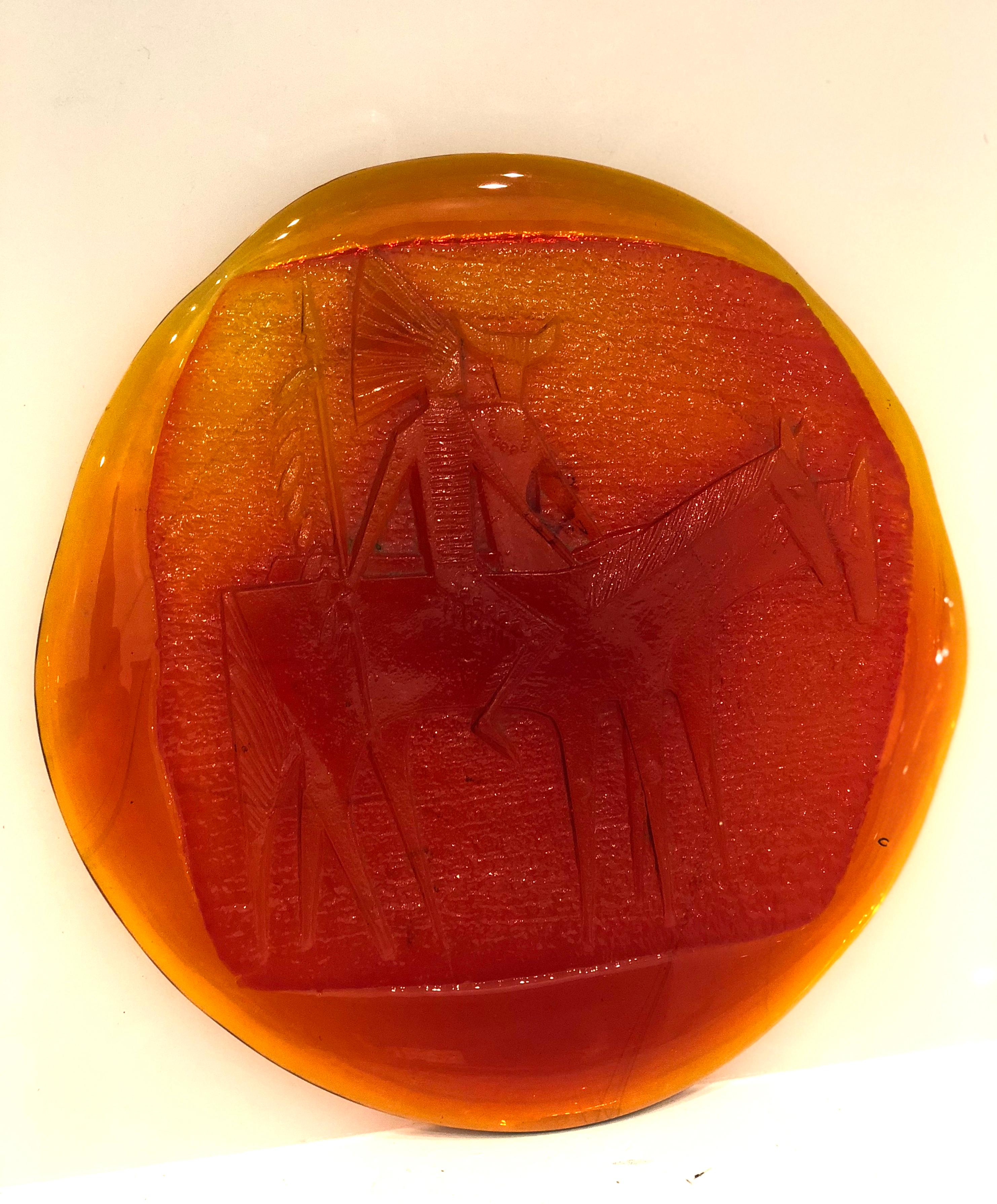 Rare Large Blenko Studio Amberine Glass Plaque Native American Indian & Horses   In Excellent Condition In San Diego, CA