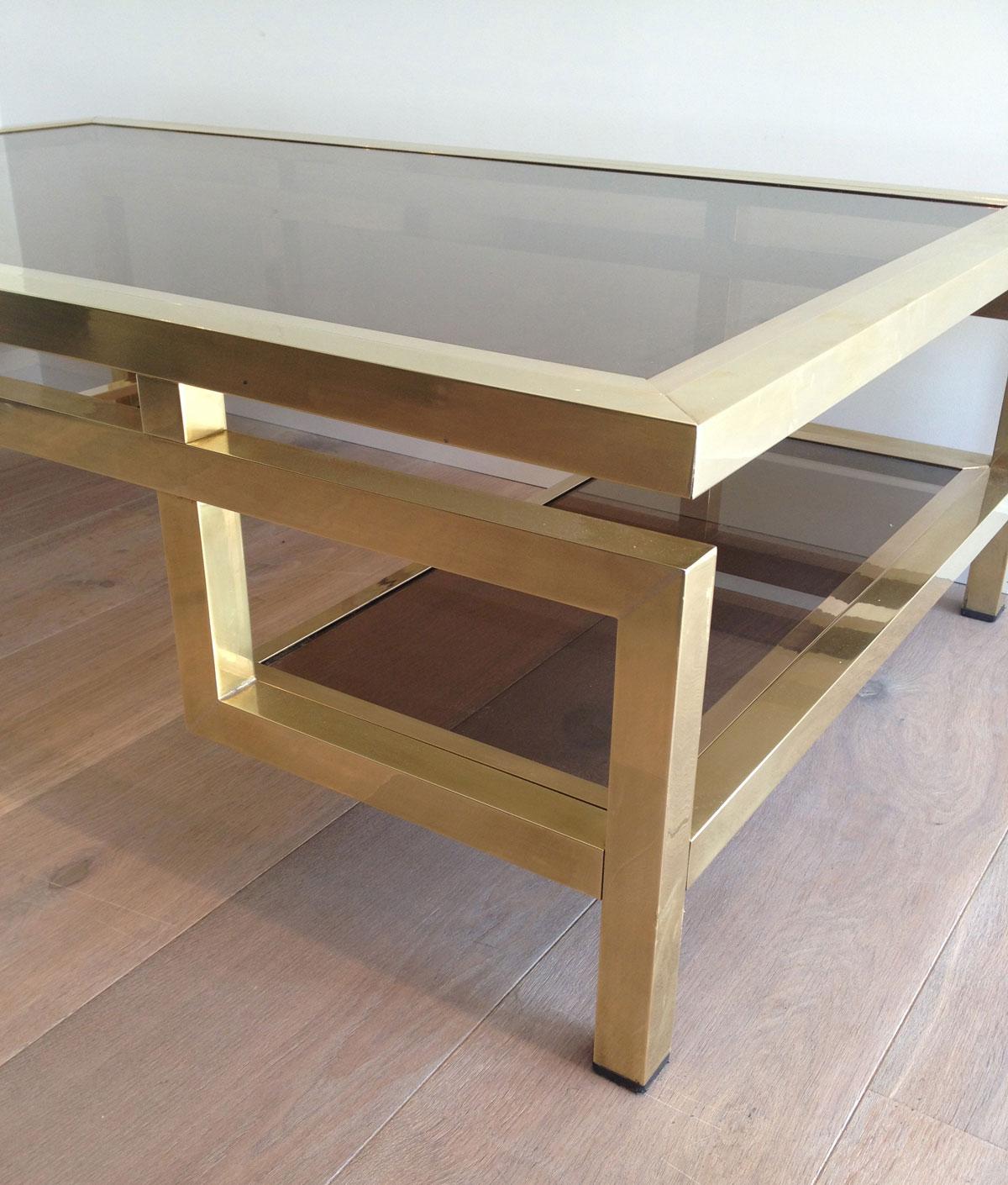 Rare Large Brass Coffee Table with Smoked Glass Tops by Guy Lefèvre for Maison J 3