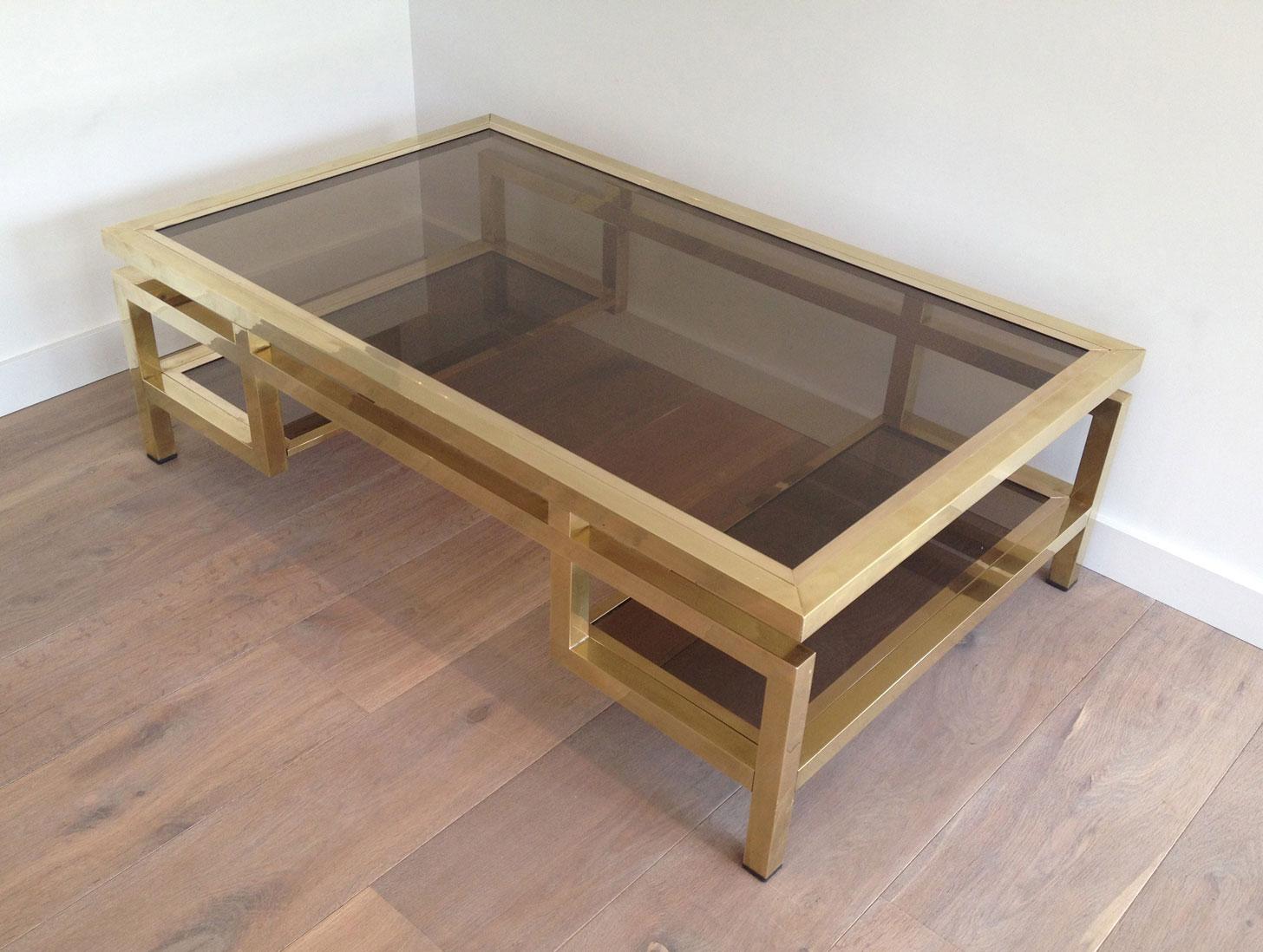 Rare Large Brass Coffee Table with Smoked Glass Tops by Guy Lefèvre for Maison J 6