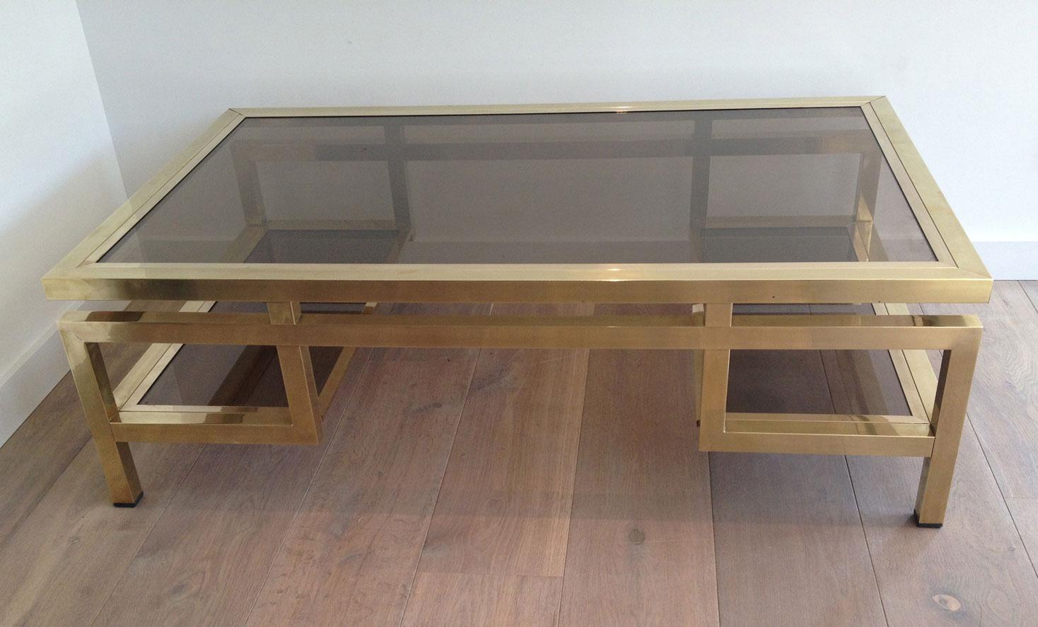 Mid-Century Modern Rare Large Brass Coffee Table with Smoked Glass Tops by Guy Lefèvre for Maison J