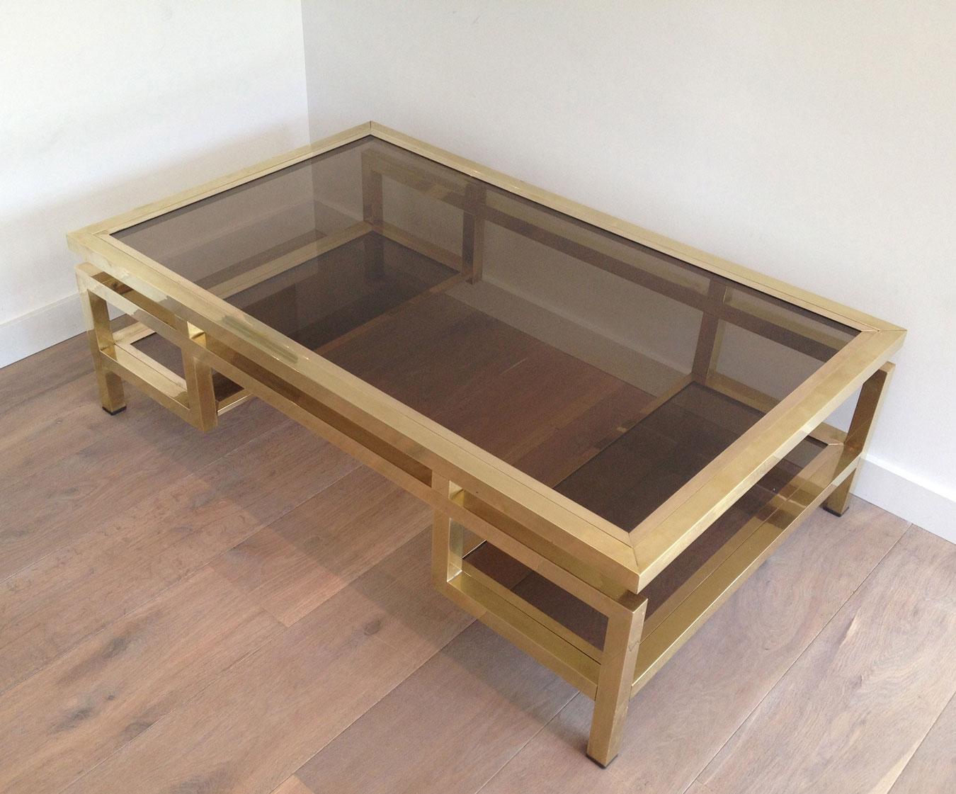 French Rare Large Brass Coffee Table with Smoked Glass Tops by Guy Lefèvre for Maison J