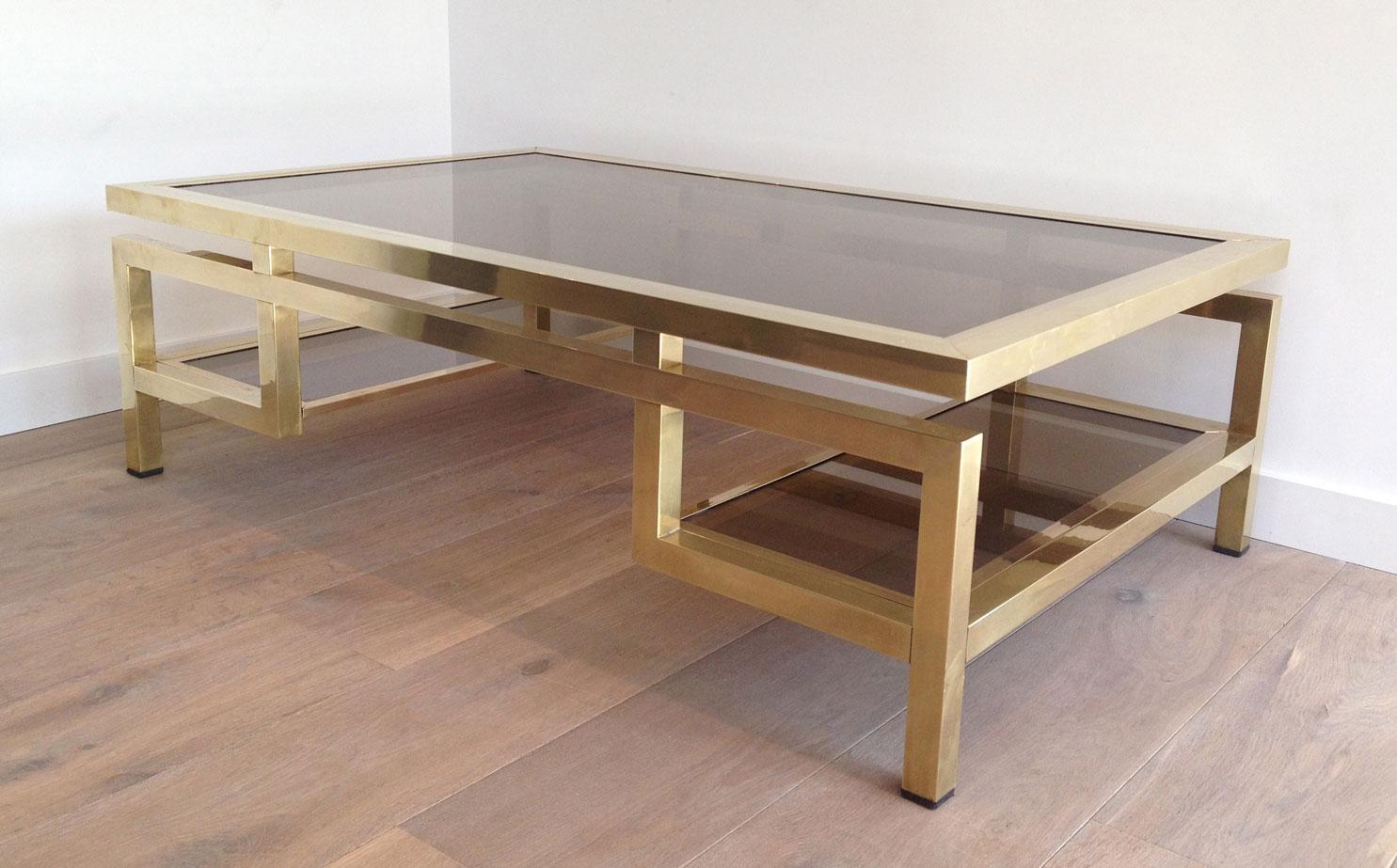 Bronzed Rare Large Brass Coffee Table with Smoked Glass Tops by Guy Lefèvre for Maison J