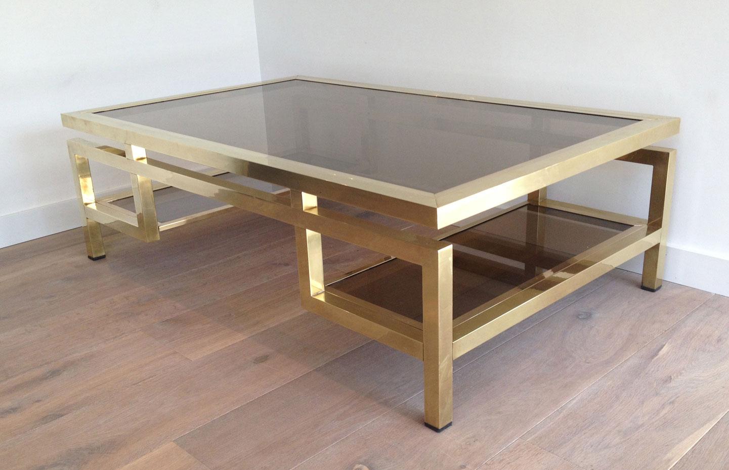 Rare Large Brass Coffee Table with Smoked Glass Tops by Guy Lefèvre for Maison J In Good Condition In Marcq-en-Barœul, Hauts-de-France