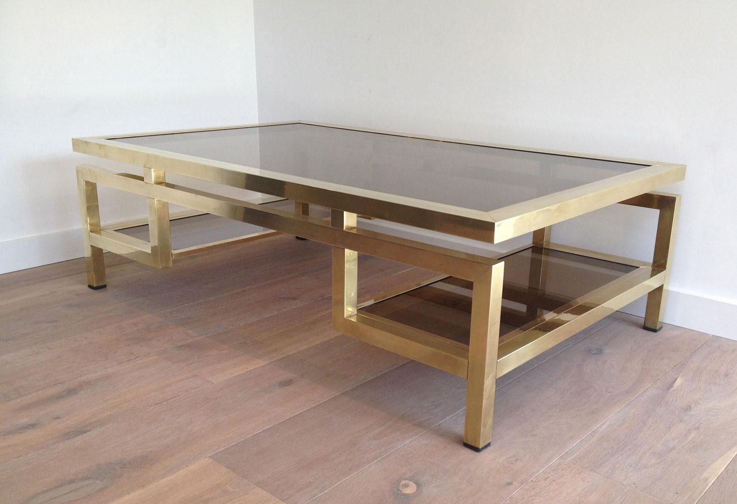 Rare Large Brass Coffee Table with Smoked Glass Tops by Guy Lefèvre for Maison J 1
