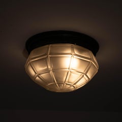 Rare Large Cast Bronze Flush To Ceiling Light With Deep Cut Satin Glass Bowl