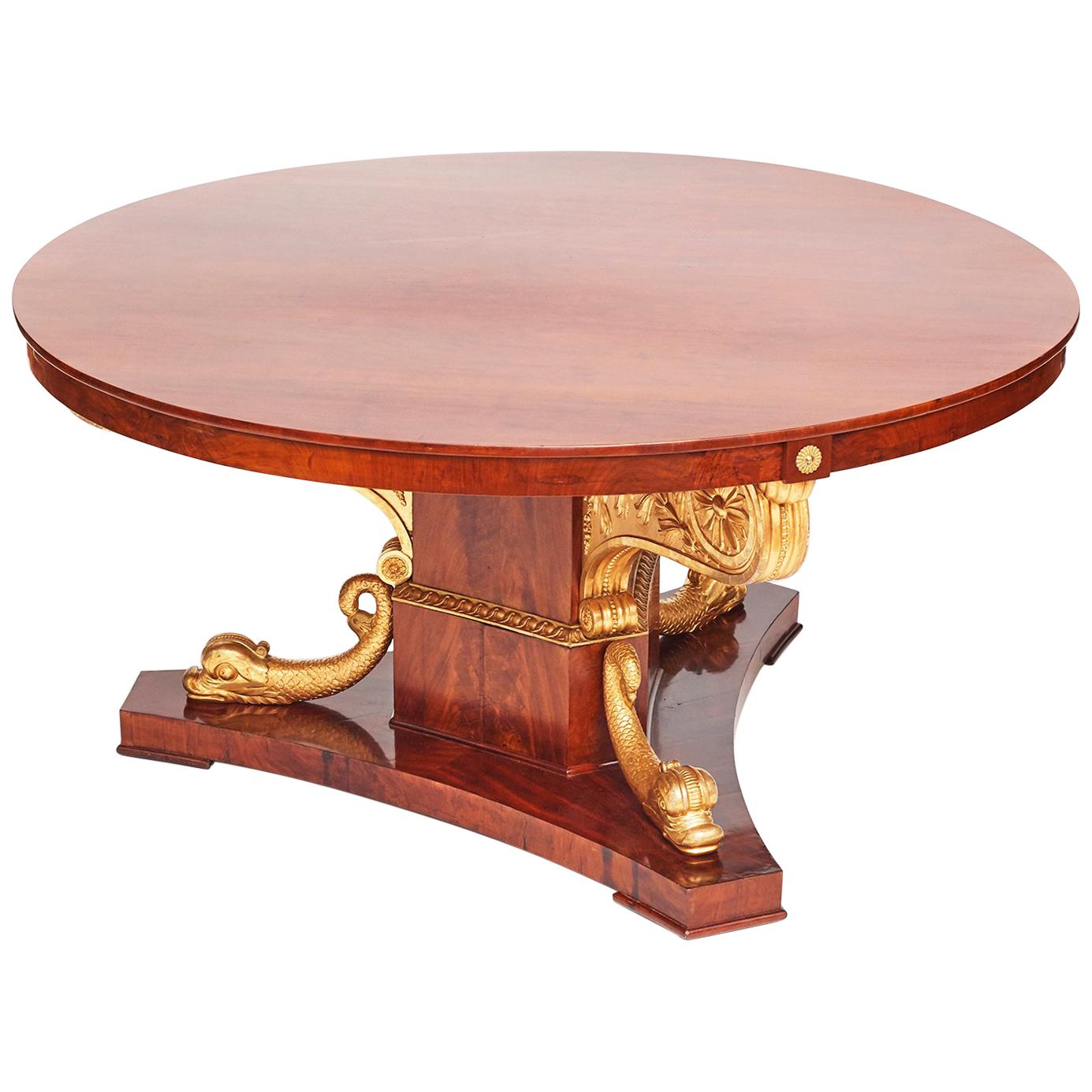 Large Mahogany Center Table, Gilded Dolphins Gilt, Provi. "Säby" Castle. SE